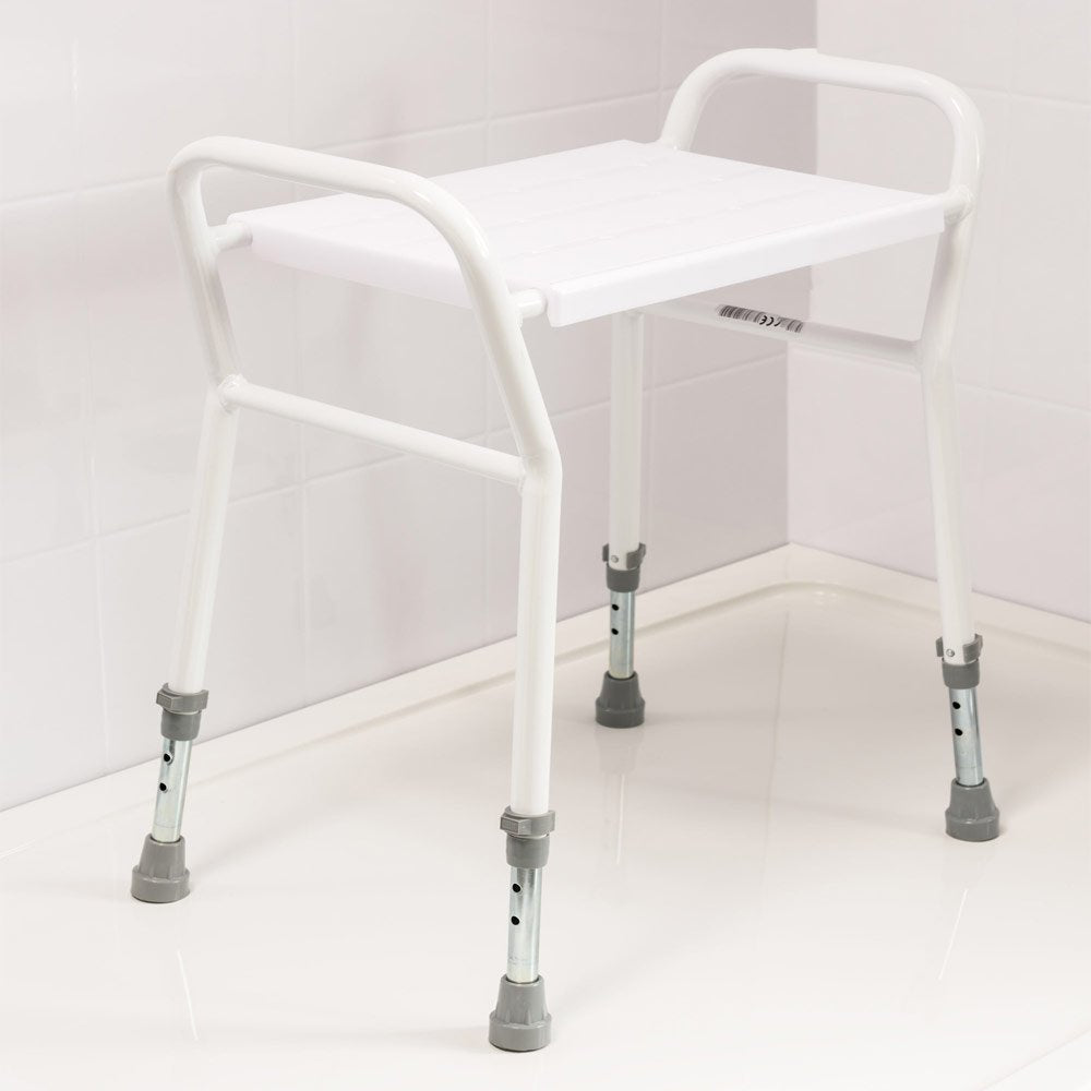 NRS Healthcare Shower Stool with Handles - Adjustable Height, Non-Slip, White - Bathroom Aid for Elderly & Disabled - Very Good