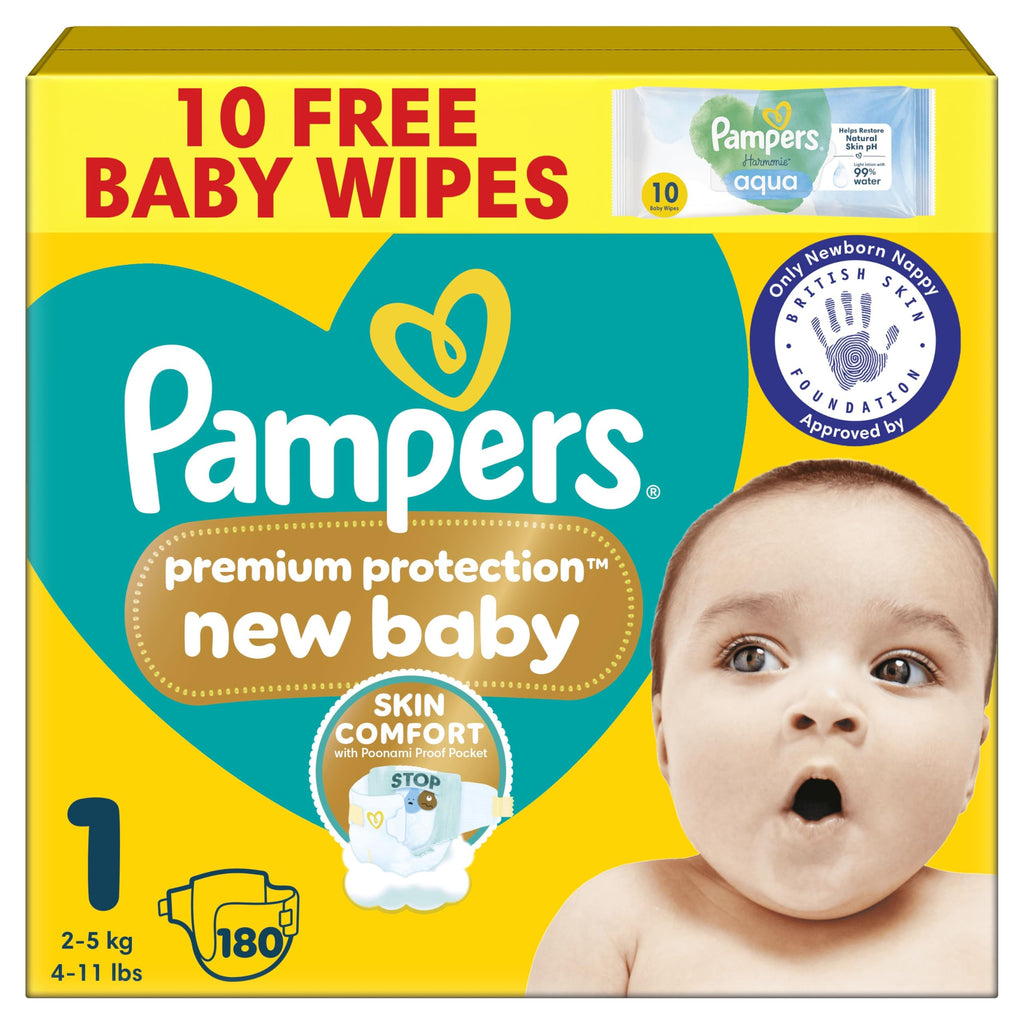 Pampers Premium Protection New Baby Nappies Size 1 (2-5kg) - Monthly Pack, 180 Count - Damaged Box