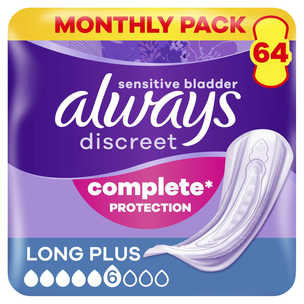 Always Discreet Long Plus Incontinence Pads 64 Pads (4 x 16 Pieces) Monthly Pack, Discreet Protection & High Absorbency, Odour-Neutralising (Packaging May Vary)