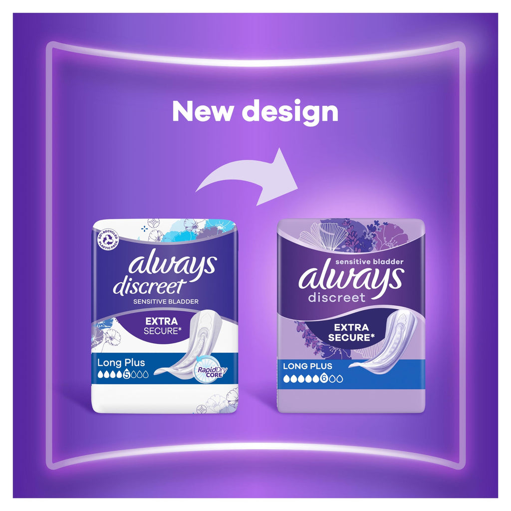 Always Discreet Long Plus Incontinence Pads 64 Pads (4 x 16 Pieces) Monthly Pack, Discreet Protection & High Absorbency, Odour-Neutralising (Packaging May Vary)
