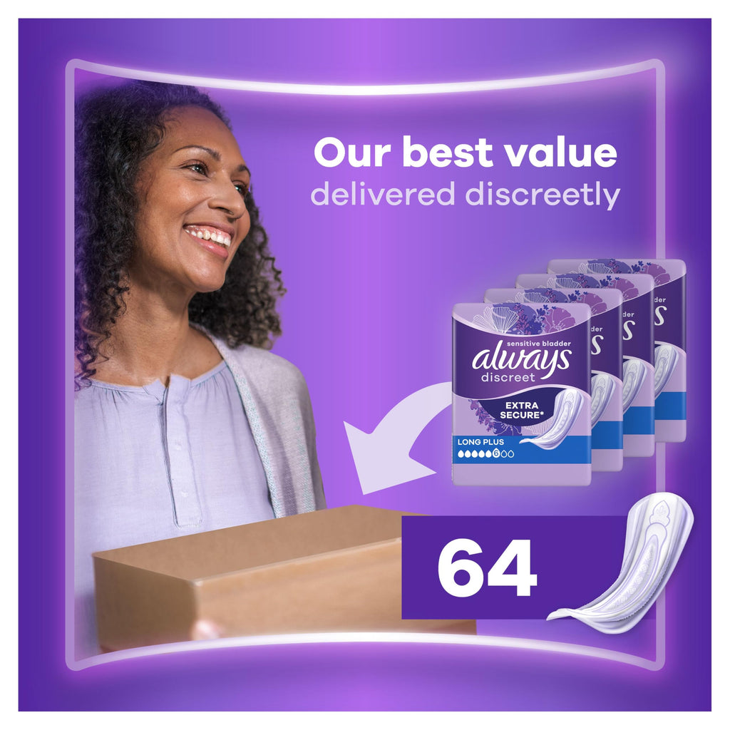 Always Discreet Long Plus Incontinence Pads 64 Pads (4 x 16 Pieces) Monthly Pack, Discreet Protection & High Absorbency, Odour-Neutralising (Packaging May Vary)