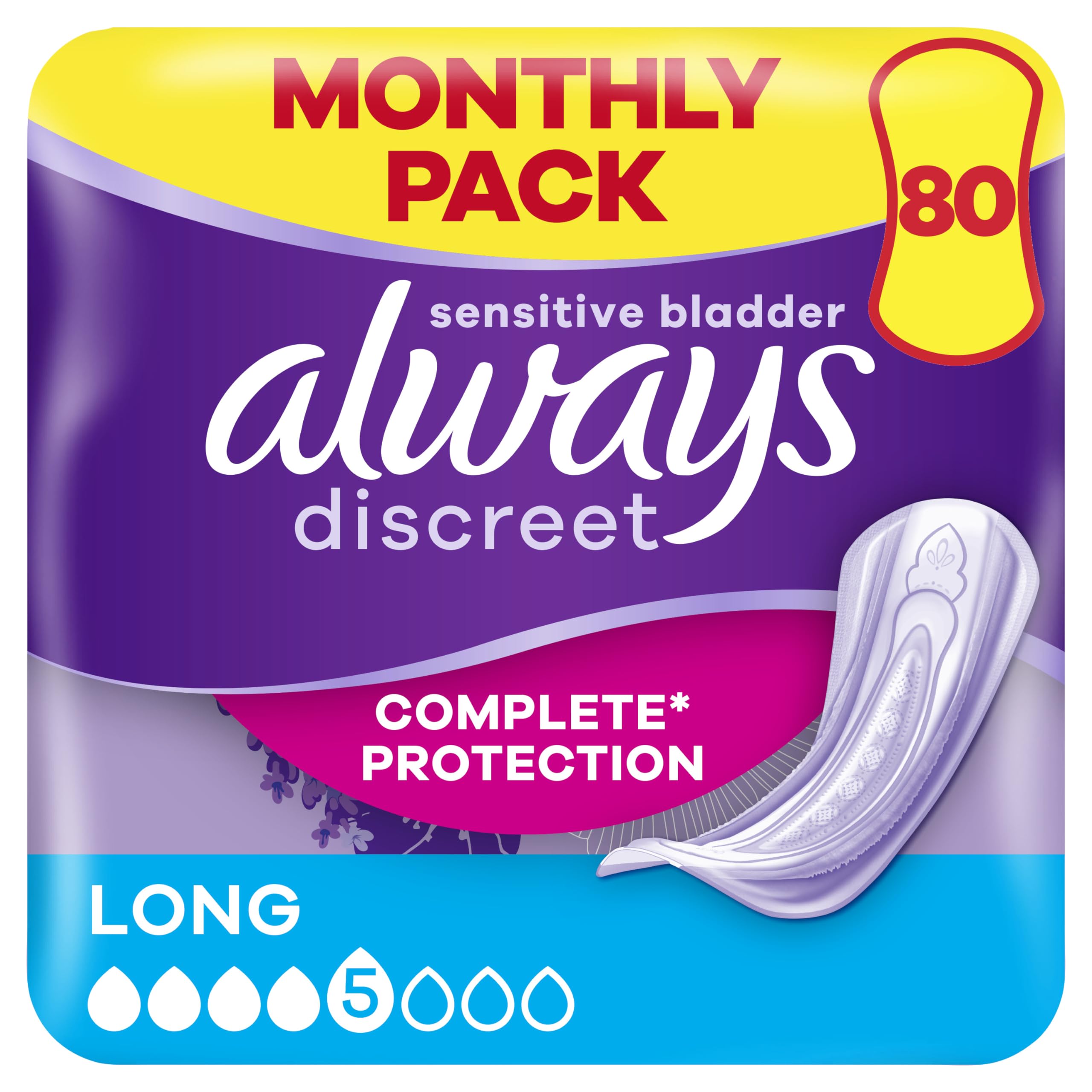 Always Discreet Long Plus Incontinence Pads 64 Pads (4 x 16 Pieces) Monthly Pack, Discreet Protection & High Absorbency, Odour-Neutralising (Packaging May Vary)