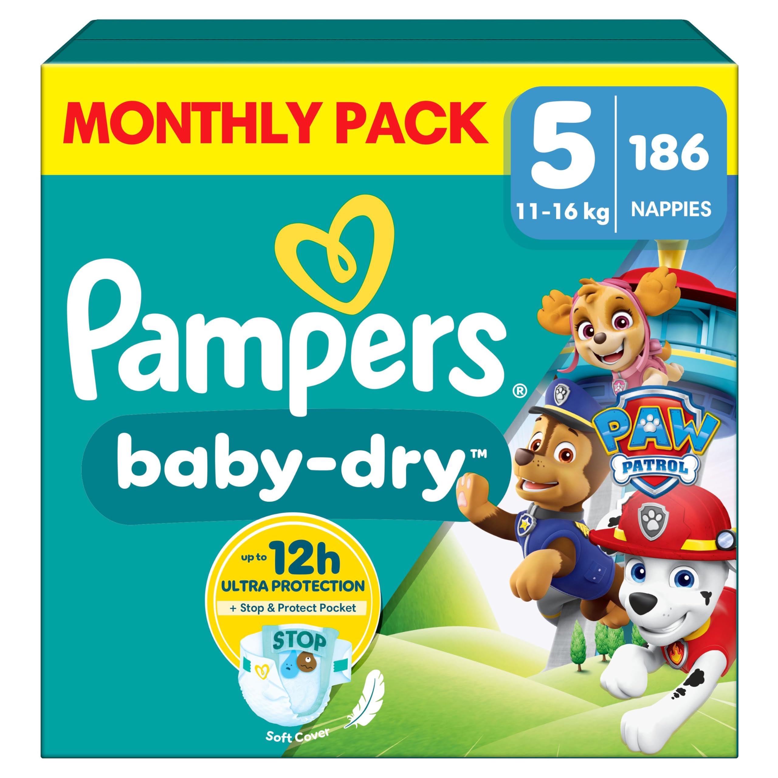 Pampers Baby-Dry Paw Patrol Nappies - Size 5, 11-16kg, Monthly Pack, 186 Count - Up to 100% Leak-Free Night - Damaged Box