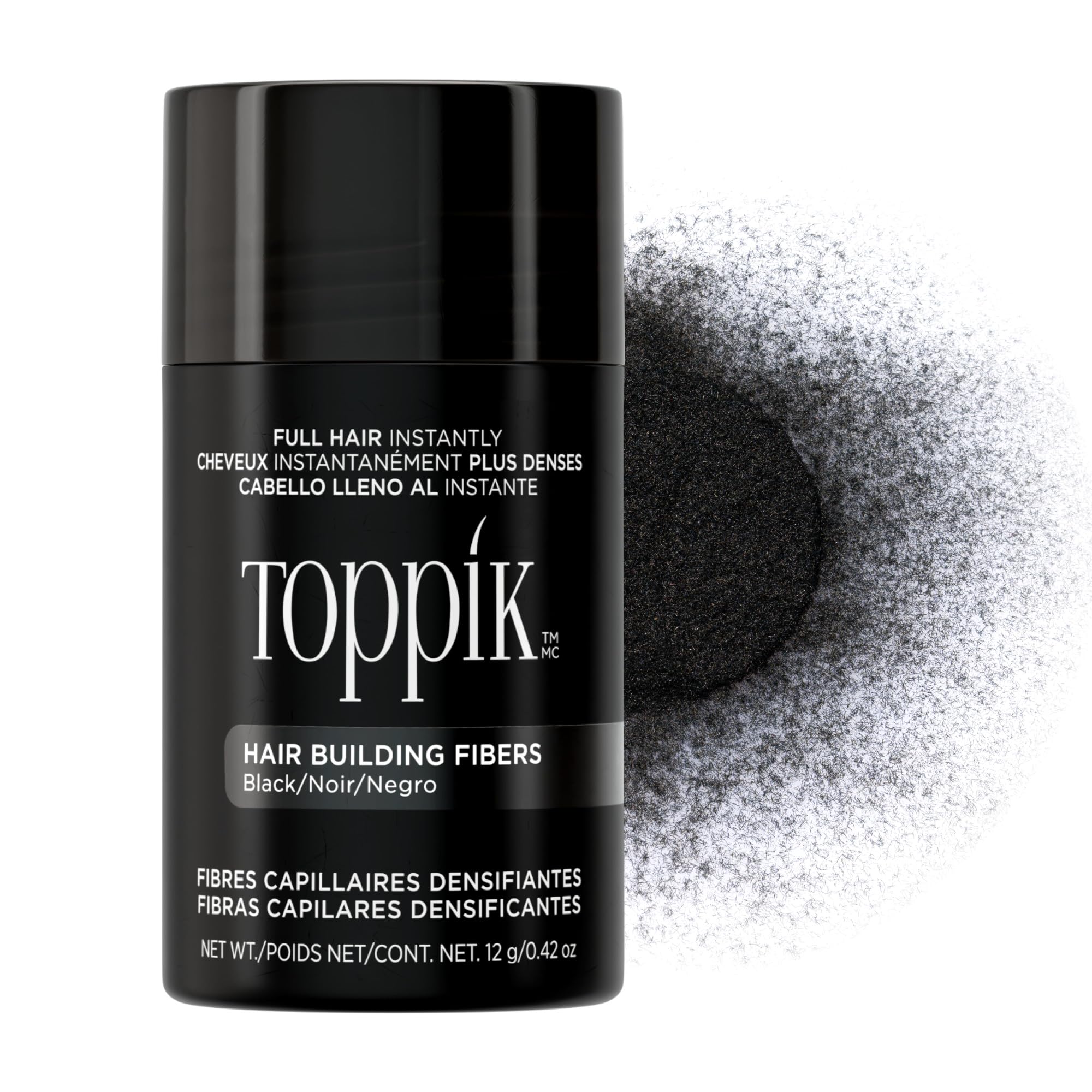 Toppik Hair Building Fibres Powder - Instant Thinning Concealer - Black, 12g for Thicker Hair & Beard