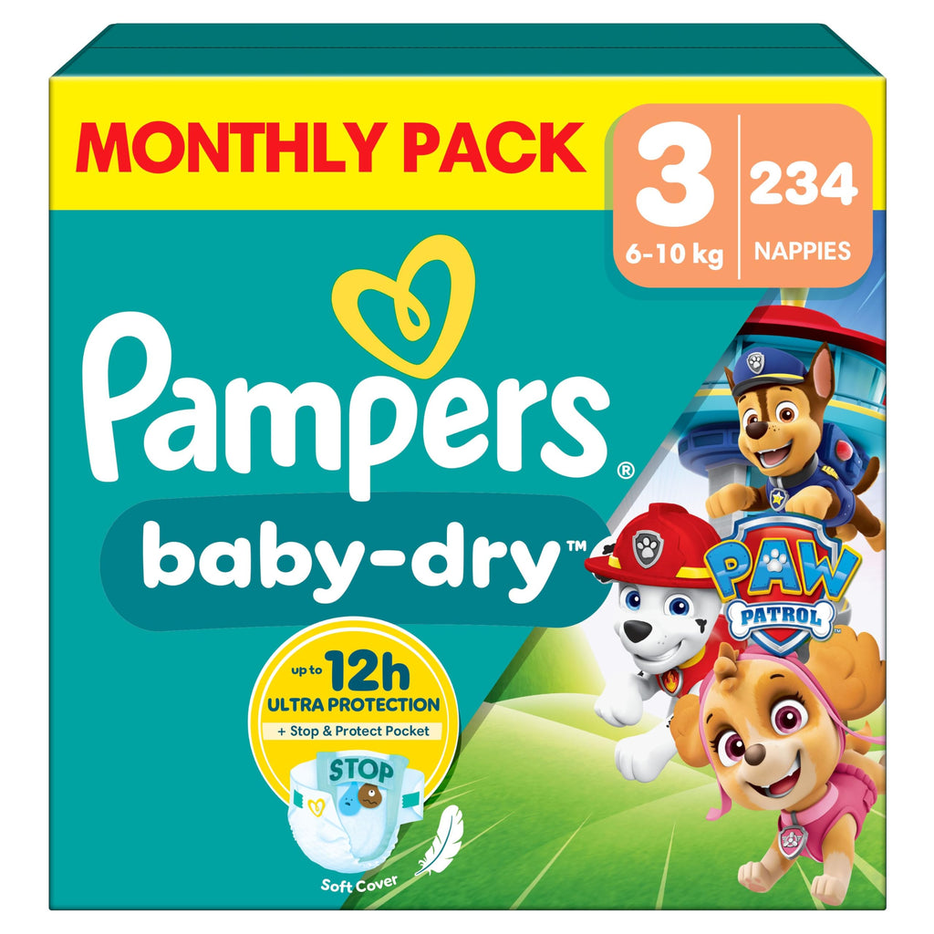 Pampers Baby-Dry Paw Patrol Nappies Size 3, 234 Count, 6-10kg Monthly Pack, Up to 100% Leak-Free Night - Damaged Box