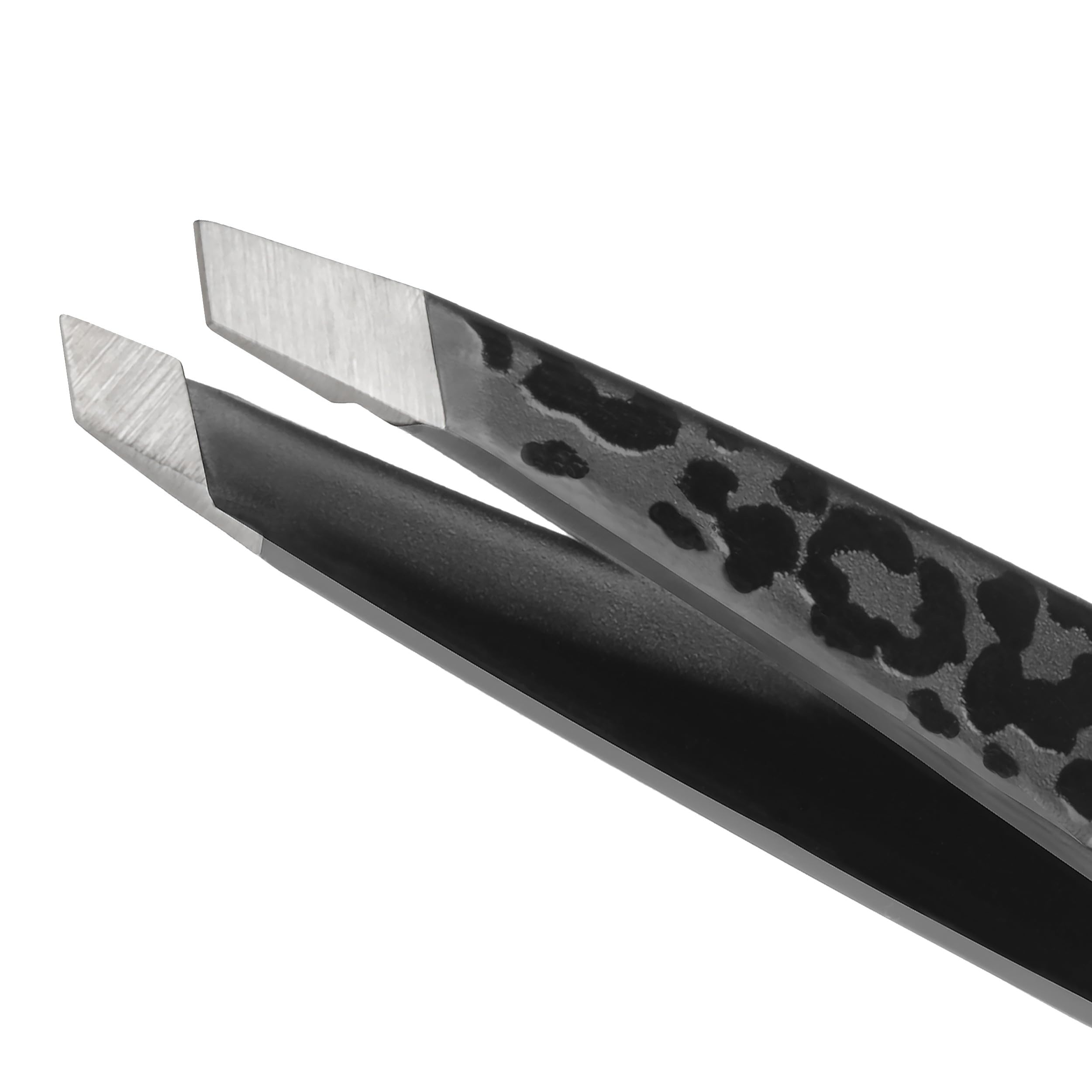 Tweezerman Black Leopard Mini Slant Tweezer, Professional Stainless Steel Precision Tweezers for Facial Hair and Eyebrows, with Travel Case, (Pack of 1)