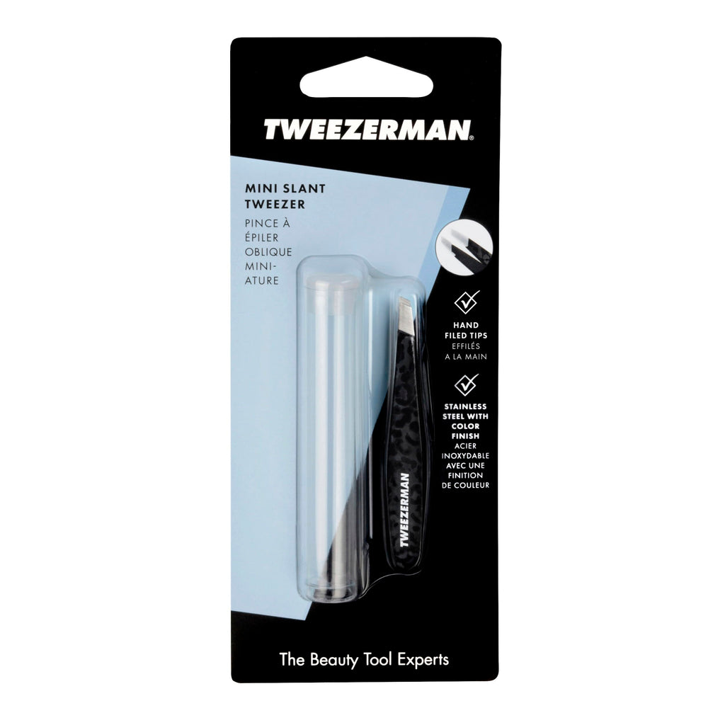 Tweezerman Black Leopard Mini Slant Tweezer, Professional Stainless Steel Precision Tweezers for Facial Hair and Eyebrows, with Travel Case, (Pack of 1)