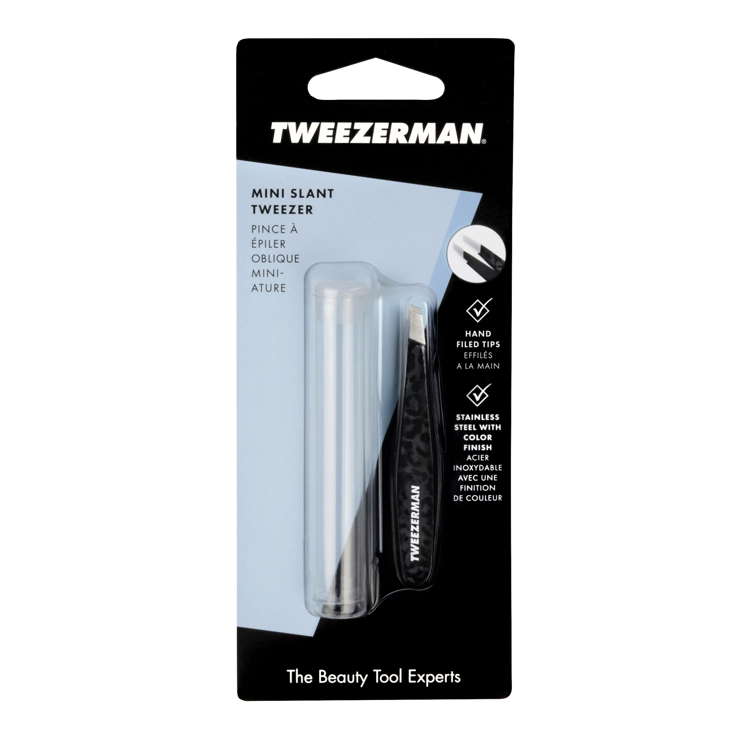 Tweezerman Black Leopard Mini Slant Tweezer, Professional Stainless Steel Precision Tweezers for Facial Hair and Eyebrows, with Travel Case, (Pack of 1)