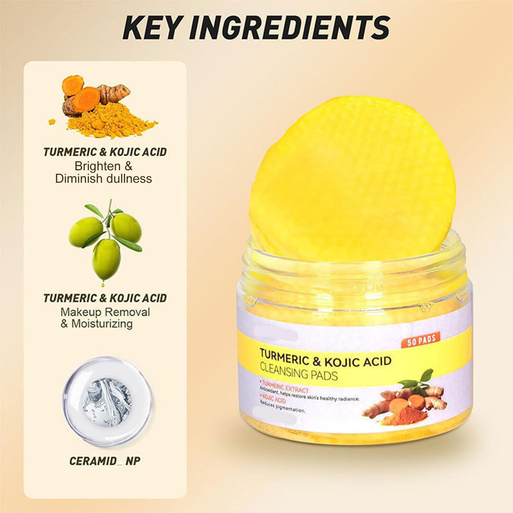 Canamin 2 Pcs Turmeric Face Wash with Brush & Turmeric Kojic Acid Cleansing Pads, Skin Care Set for Deep Cleansing and Brightening, Remove Impurities and Exfoliating, Suitable for All Skin Types