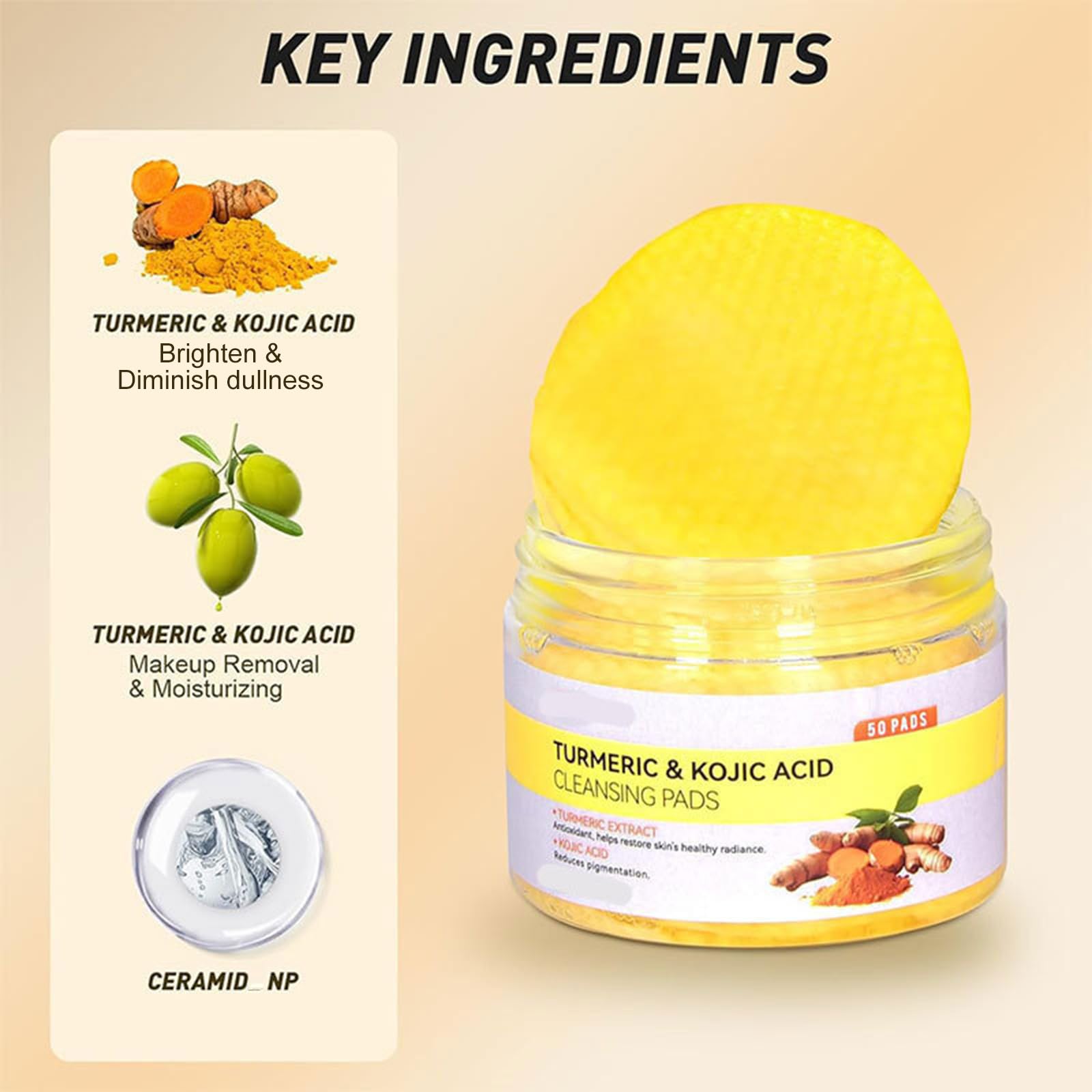 Canamin 2 Pcs Turmeric Face Wash with Brush & Turmeric Kojic Acid Cleansing Pads, Skin Care Set for Deep Cleansing and Brightening, Remove Impurities and Exfoliating, Suitable for All Skin Types