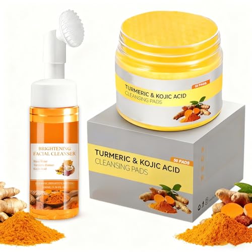 Canamin 2 Pcs Turmeric Face Wash with Brush & Turmeric Kojic Acid Cleansing Pads, Skin Care Set for Deep Cleansing and Brightening, Remove Impurities and Exfoliating, Suitable for All Skin Types