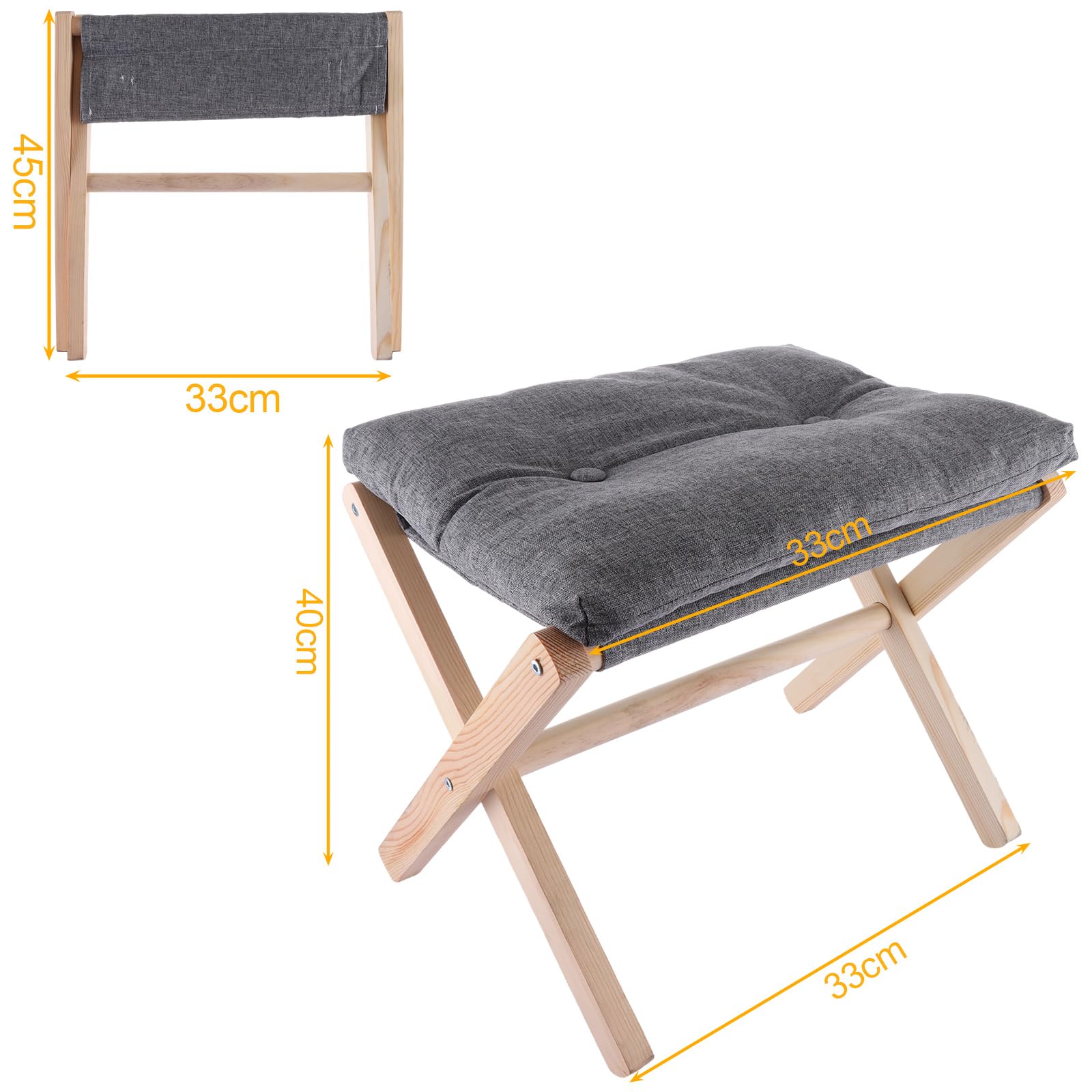 ASelected Folding Footstool - 40cm Wood X-Leg Ottoman with Removable Washable Dark Grey Cushion for Living Room Bedroom - Damaged Box