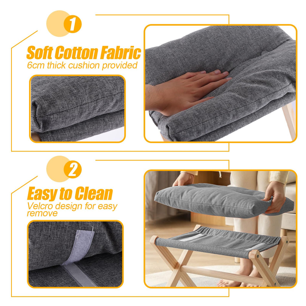 ASelected Folding Footstool - 40cm Wood X-Leg Ottoman with Removable Washable Dark Grey Cushion for Living Room Bedroom - Damaged Box