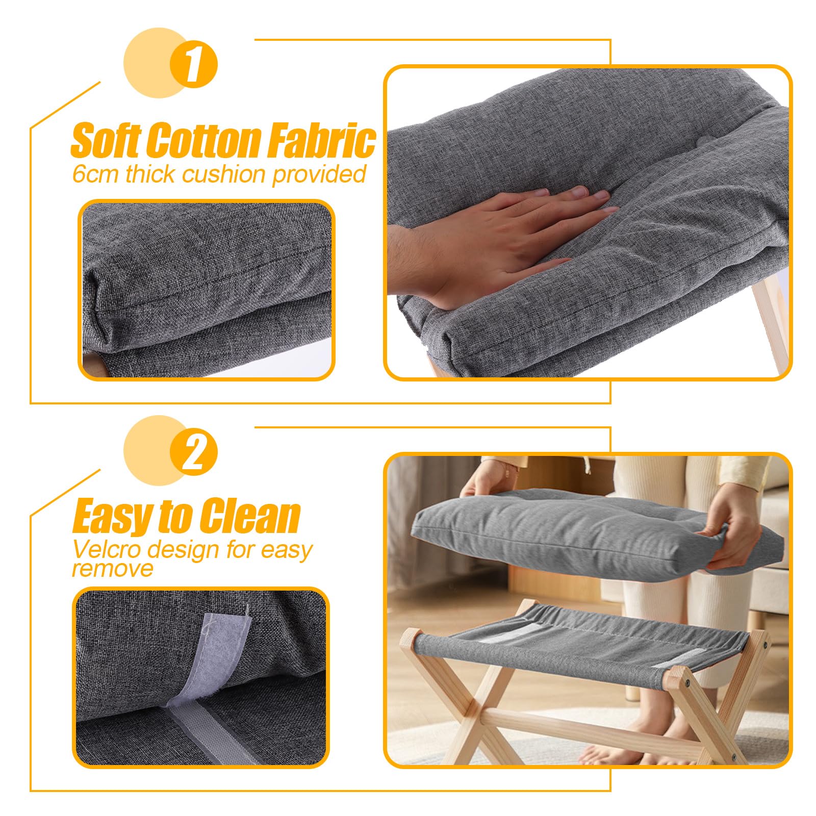 ASelected Folding Footstool - 40cm Wood X-Leg Ottoman with Removable Washable Dark Grey Cushion for Living Room Bedroom - Damaged Box