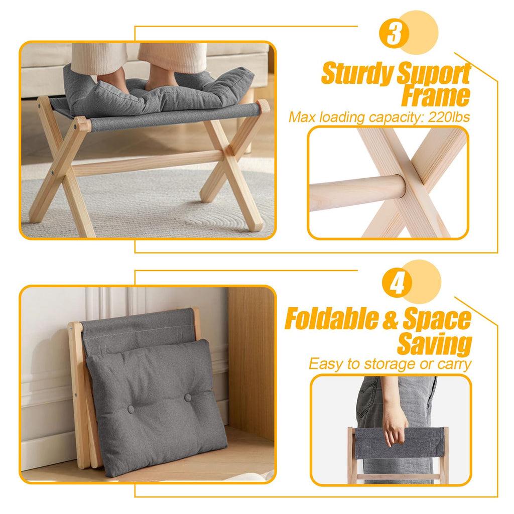 ASelected Folding Footstool - 40cm Wood X-Leg Ottoman with Removable Washable Dark Grey Cushion for Living Room Bedroom - Damaged Box