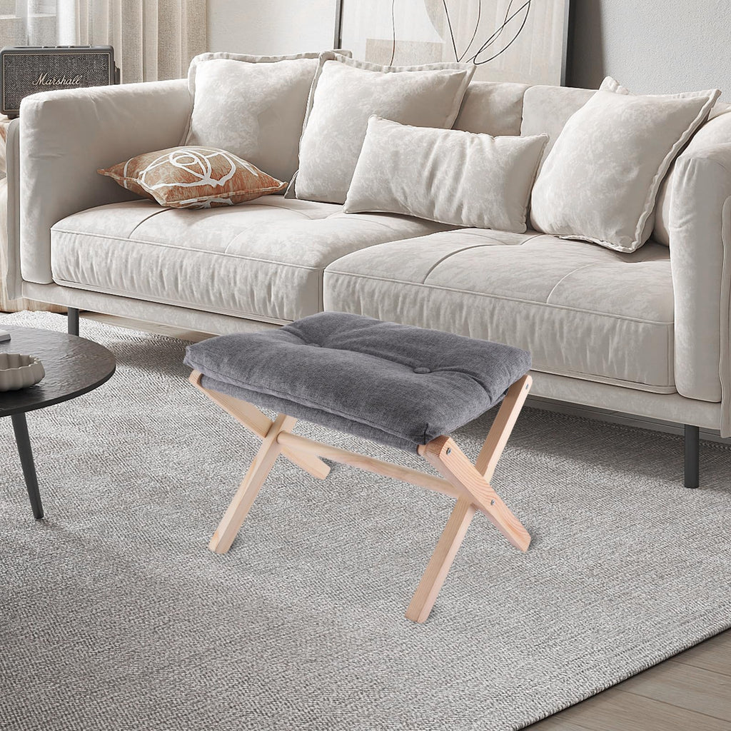 ASelected Folding Footstool - 40cm Wood X-Leg Ottoman with Removable Washable Dark Grey Cushion for Living Room Bedroom - Damaged Box