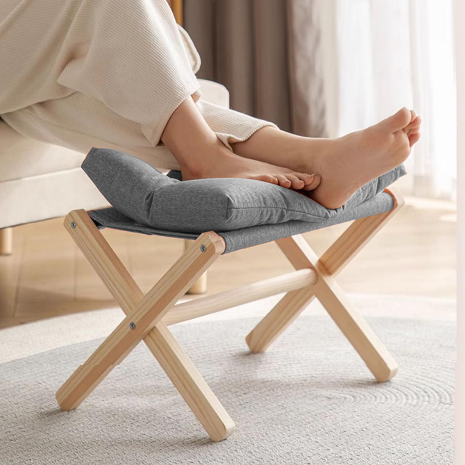 ASelected Folding Footstool - 40cm Wood X-Leg Ottoman with Removable Washable Dark Grey Cushion for Living Room Bedroom - Damaged Box