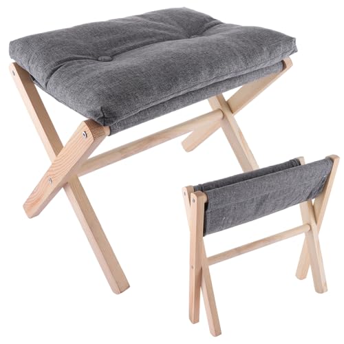 ASelected Folding Footstool - 40cm Wood X-Leg Ottoman with Removable Washable Dark Grey Cushion for Living Room Bedroom - Damaged Box