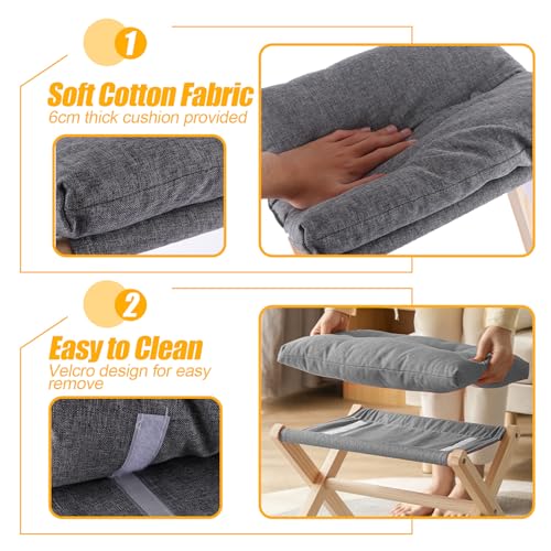 ASelected Folding Footstool - 40cm Wood X-Leg Ottoman with Removable Washable Dark Grey Cushion for Living Room Bedroom - Damaged Box