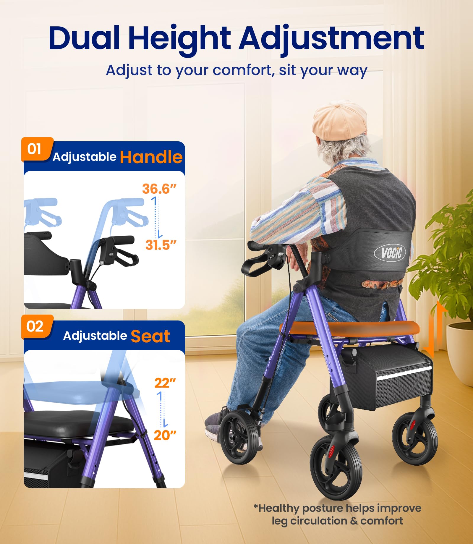 VOCIC Rollator Walker with Seat - Brakes & Bag - Foldable Walking Aid - Adjustable Height - Lightweight - Purple - Like New