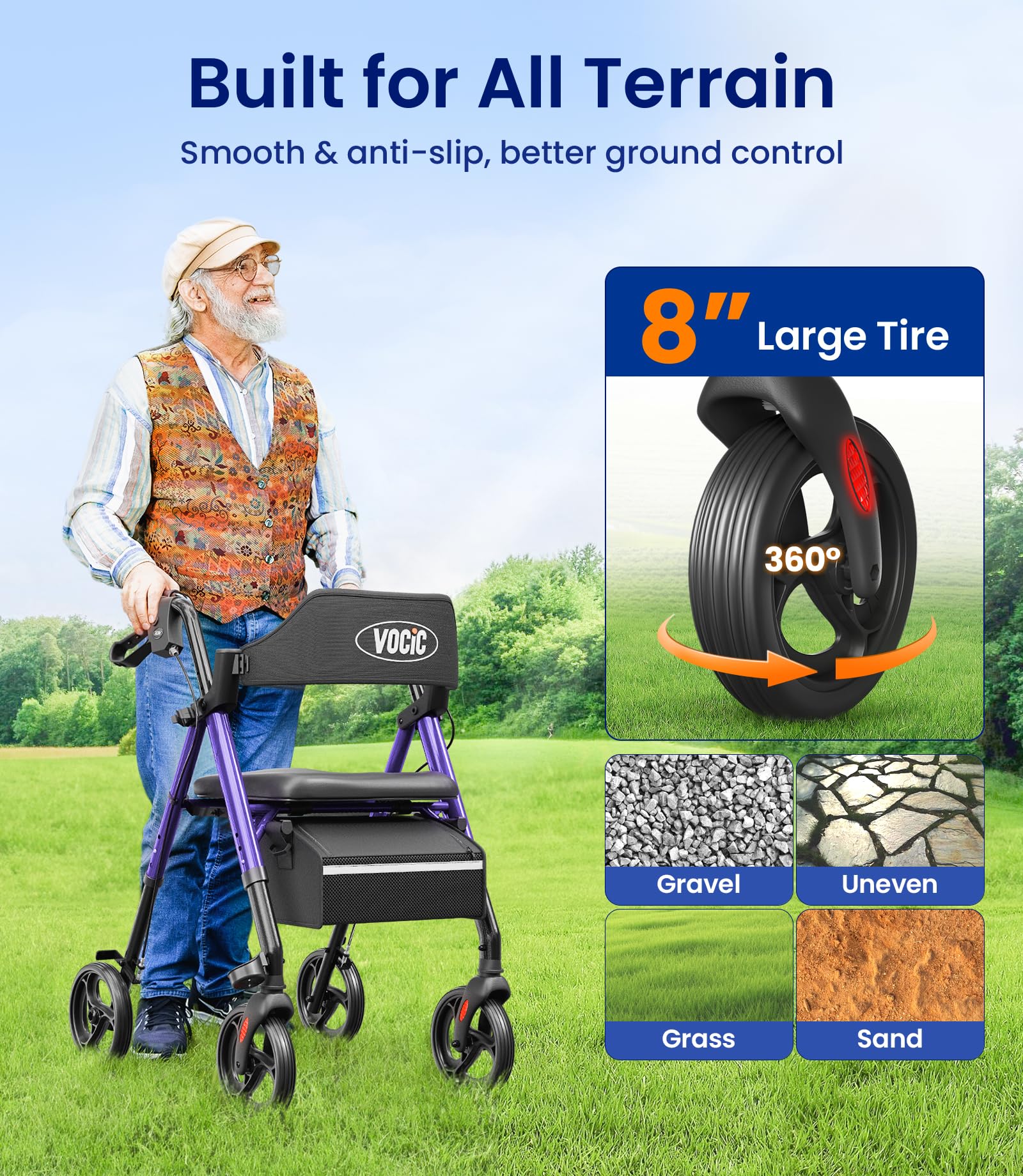 VOCIC Rollator Walker with Seat - Brakes & Bag - Foldable Walking Aid - Adjustable Height - Lightweight - Purple - Like New