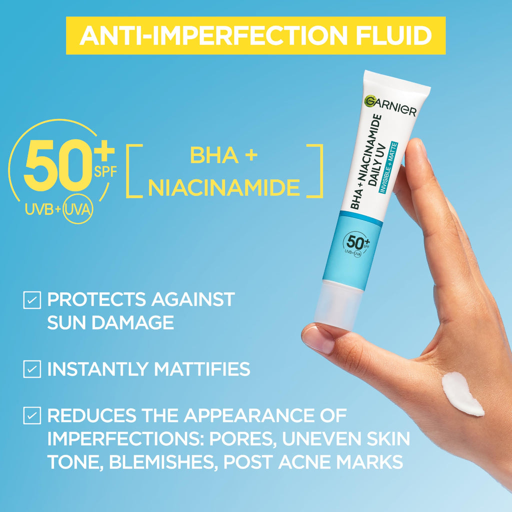 Garnier Pure Active SPF50 Anti-Imperfection Invisible Fluid Sunscreen 40ml - BHA + Niacinamide Daily UV