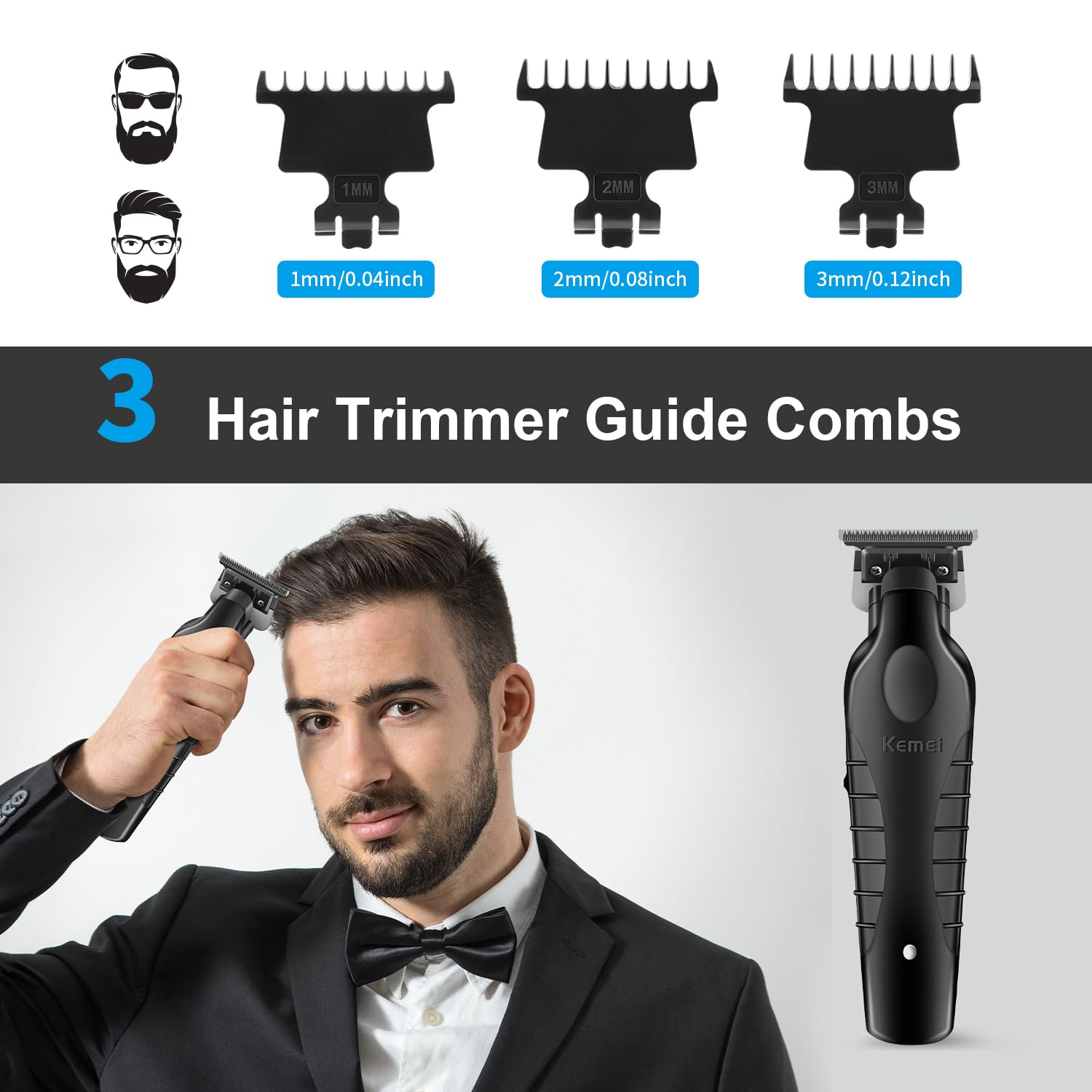 KEMEI 2299 Professional Hair Clipper for Men - Cordless Electric Beard Trimmer, Zero Gapped T-Blade with 3 Guide Combs