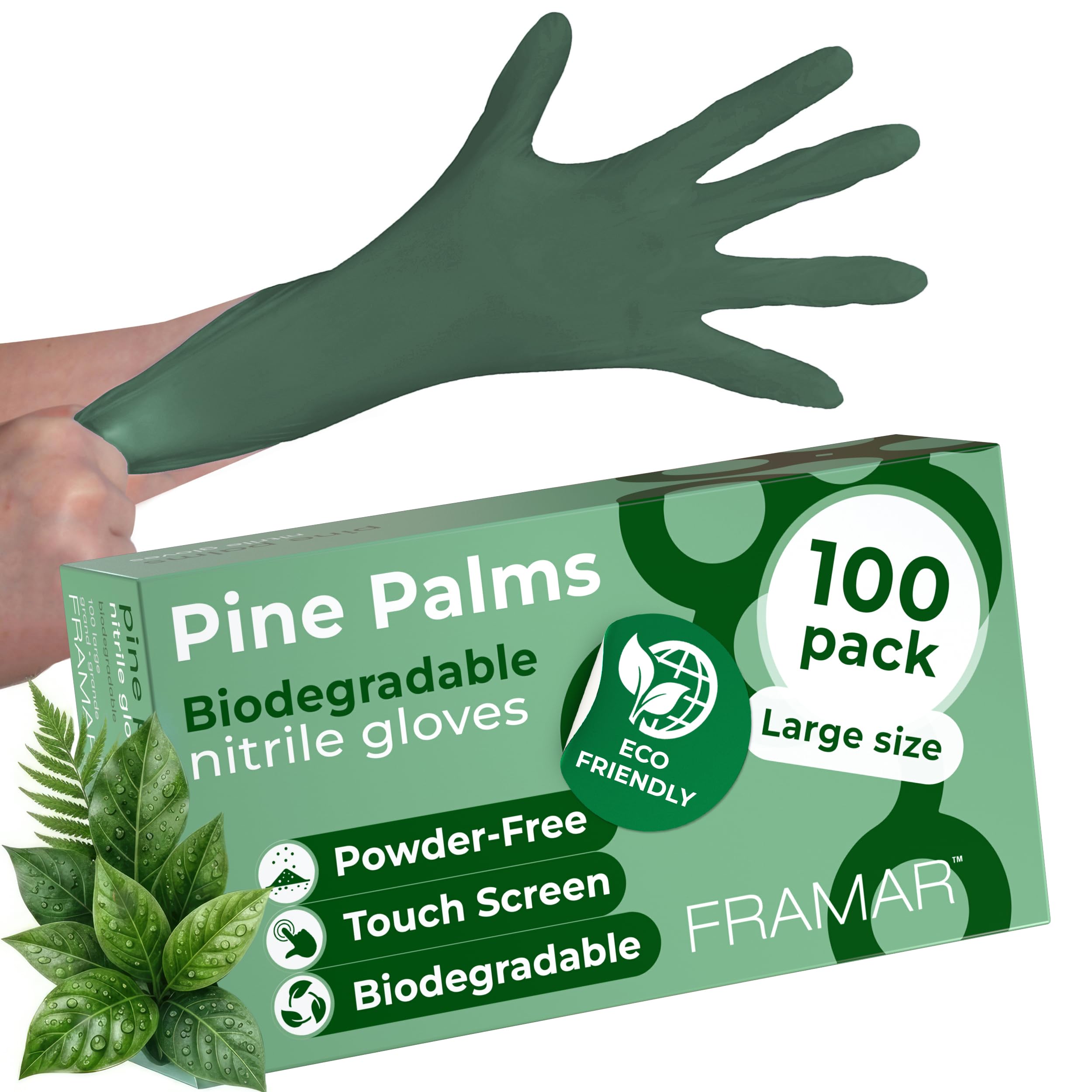 FRAMAR Green Nitrile Gloves Large - Biodegradable Disposable Non Latex Gloves Large, Latex Free Green Gloves Women, Tattoo Gloves 100 - Damaged Box