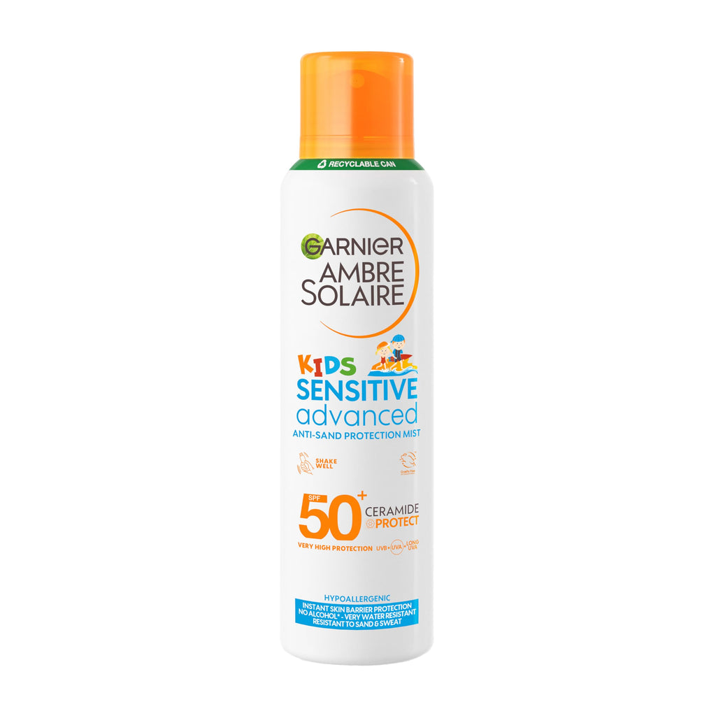 Garnier Ambre Solaire Sun Cream SPF 50+ Sensitive Advanced Kids Anti-Sand Sun Protection Mist Spray, Very High Protection UVA & UVB, Water Resistant, For Face & Body, Cruelty Free 150ml - Damaged Box