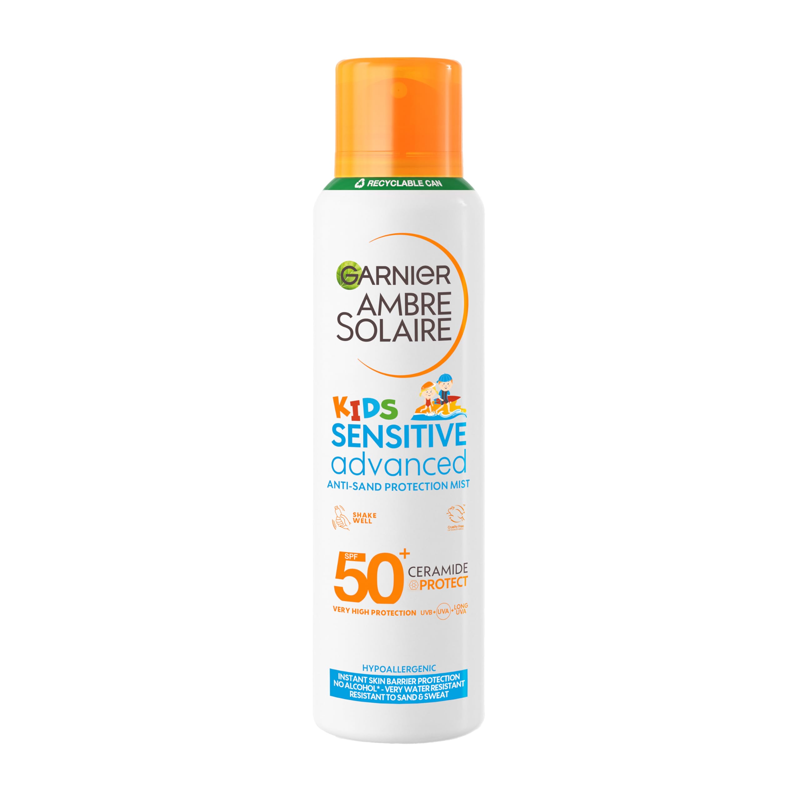 Garnier Ambre Solaire Sun Cream SPF 50+ Sensitive Advanced Kids Anti-Sand Sun Protection Mist Spray, Very High Protection UVA & UVB, Water Resistant, For Face & Body, Cruelty Free 150ml - Damaged Box