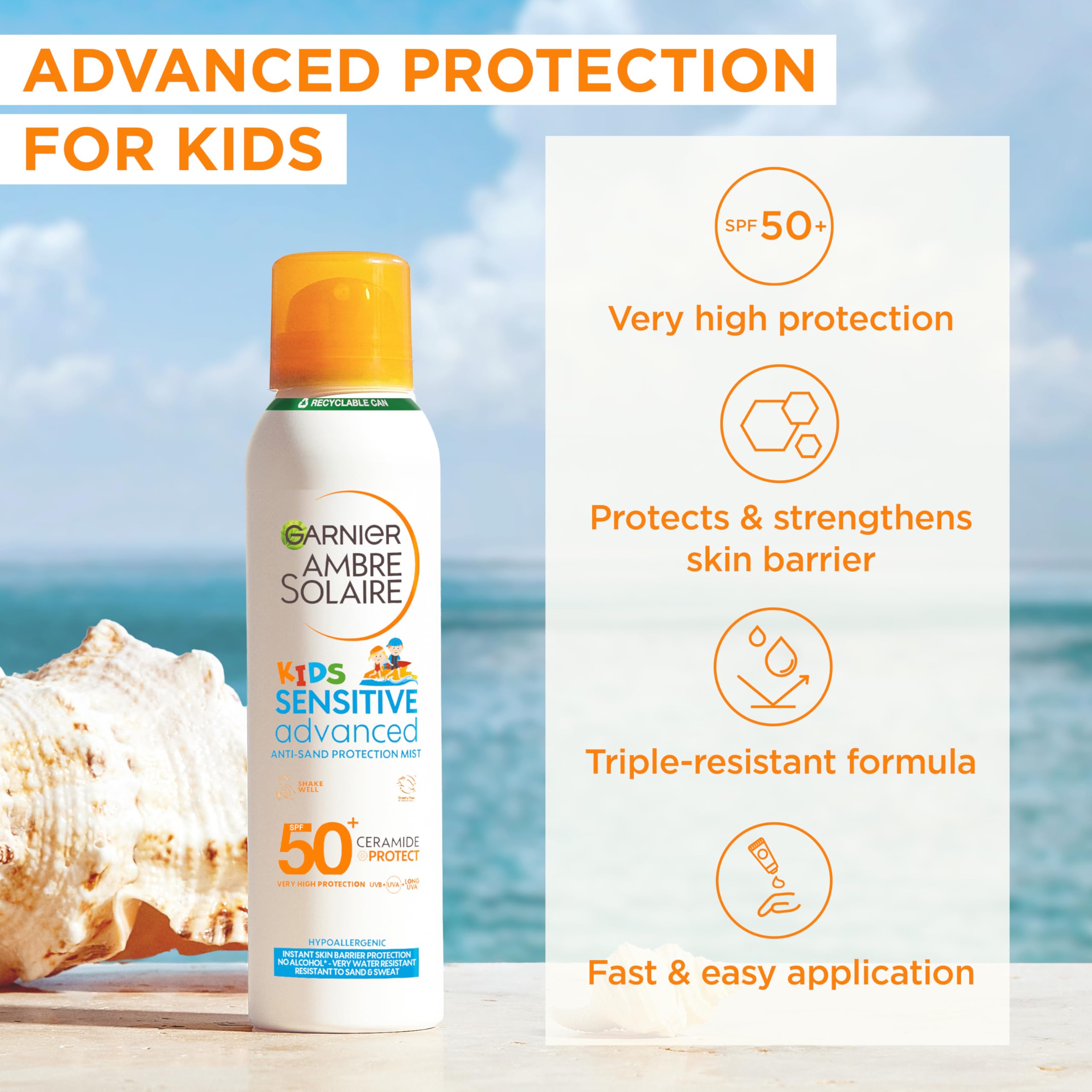 Garnier Ambre Solaire Sun Cream SPF 50+ Sensitive Advanced Kids Anti-Sand Sun Protection Mist Spray, Very High Protection UVA & UVB, Water Resistant, For Face & Body, Cruelty Free 150ml - Damaged Box