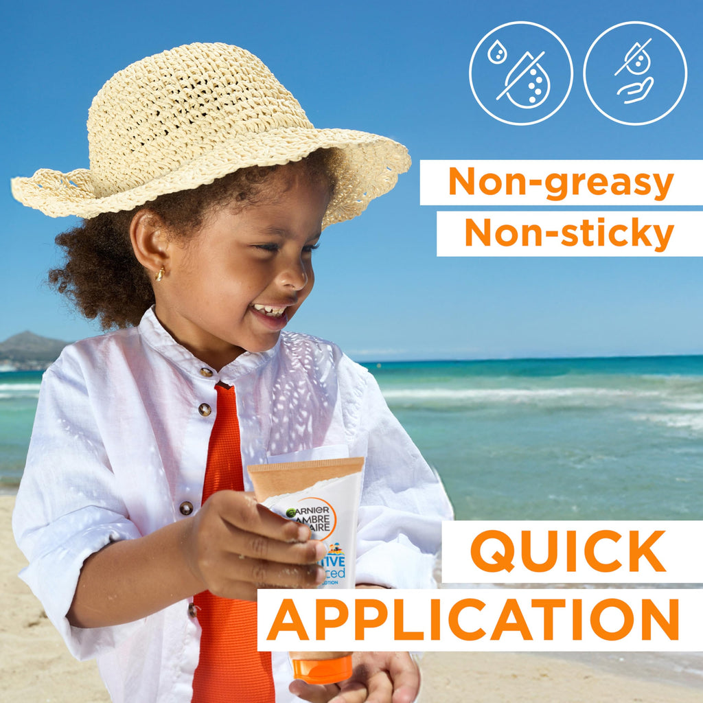 Garnier Ambre Solaire Sun Cream SPF 50+ Sensitive Advanced Kids Anti-Sand Sun Protection Mist Spray, Very High Protection UVA & UVB, Water Resistant, For Face & Body, Cruelty Free 150ml - Damaged Box