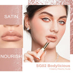 Oulac Satin Matte Nude Lipstick - Long Lasting Lip SG02 Bodylicious Stick, Intense Color with Smooth Creamy Texture Lip Colour, Moisturizing & Weightless Formula Lip Makeup, Vegan, 4.3g, SG02 Bodylicious - BBE 12/2029