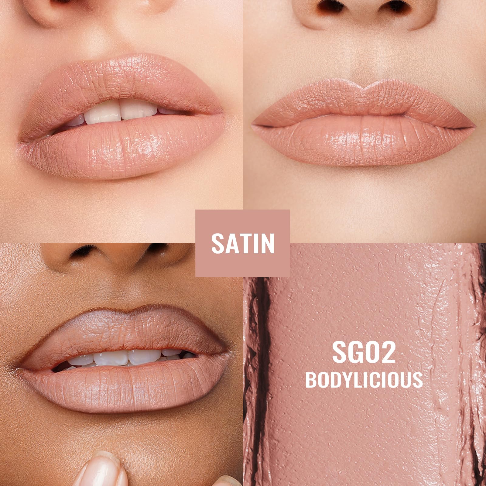 Oulac Satin Matte Nude Lipstick - Long Lasting Lip SG02 Bodylicious Stick, Intense Color with Smooth Creamy Texture Lip Colour, Moisturizing & Weightless Formula Lip Makeup, Vegan, 4.3g, SG02 Bodylicious - BBE 12/2029