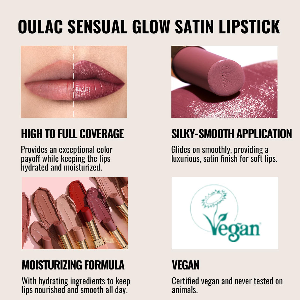 Oulac Satin Matte Nude Lipstick - Long Lasting Lip SG02 Bodylicious Stick, Intense Color with Smooth Creamy Texture Lip Colour, Moisturizing & Weightless Formula Lip Makeup, Vegan, 4.3g, SG02 Bodylicious - BBE 12/2029