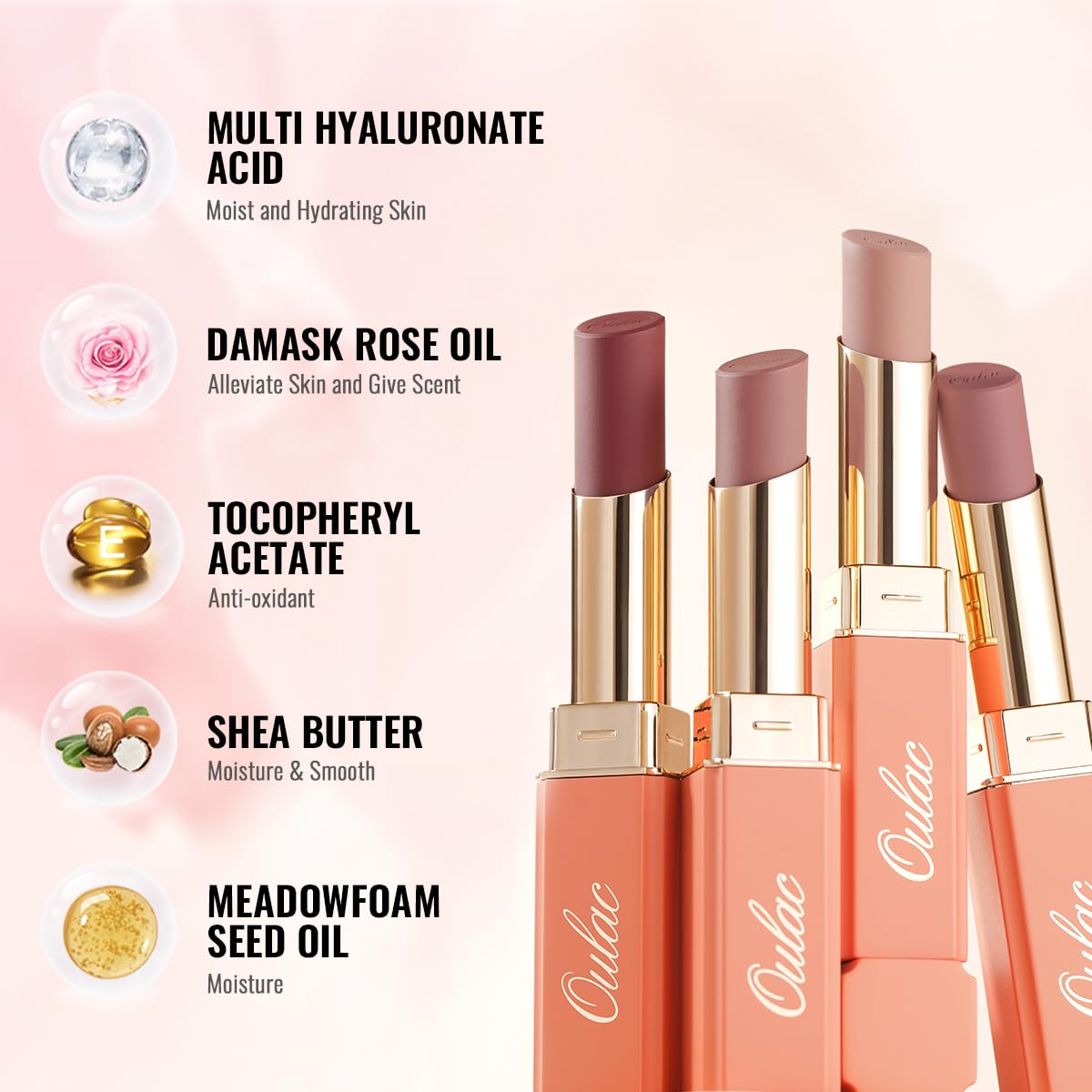 Oulac Satin Matte Nude Lipstick - Long Lasting Lip SG02 Bodylicious Stick, Intense Color with Smooth Creamy Texture Lip Colour, Moisturizing & Weightless Formula Lip Makeup, Vegan, 4.3g, SG02 Bodylicious - BBE 12/2029