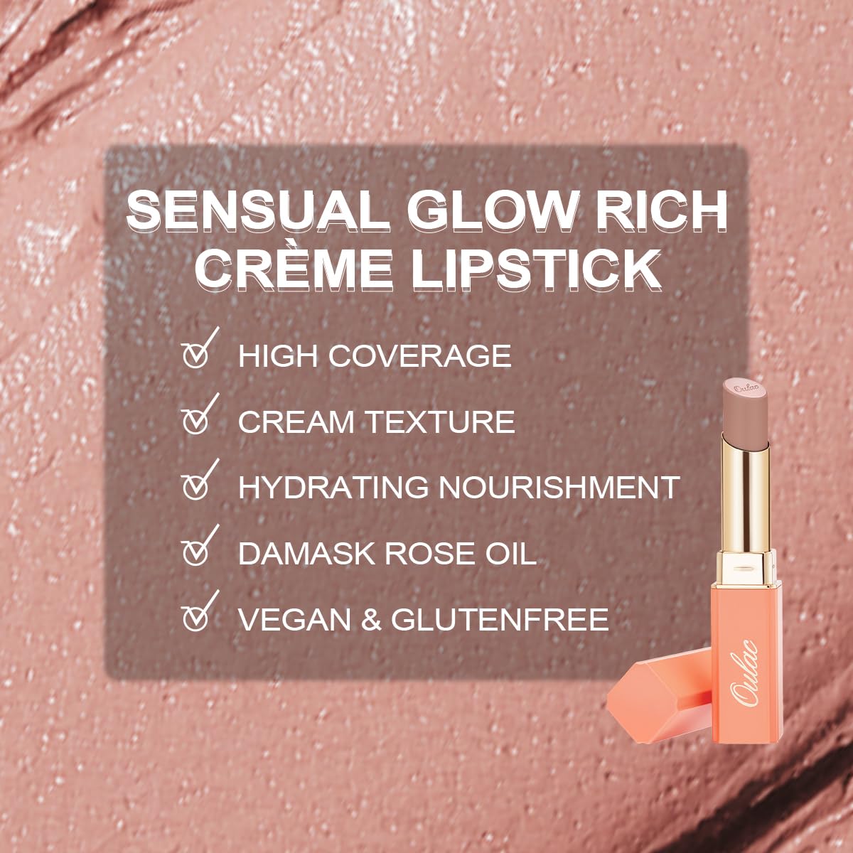 Oulac Satin Matte Nude Lipstick - Long Lasting Lip SG02 Bodylicious Stick, Intense Color with Smooth Creamy Texture Lip Colour, Moisturizing & Weightless Formula Lip Makeup, Vegan, 4.3g, SG02 Bodylicious - BBE 12/2029