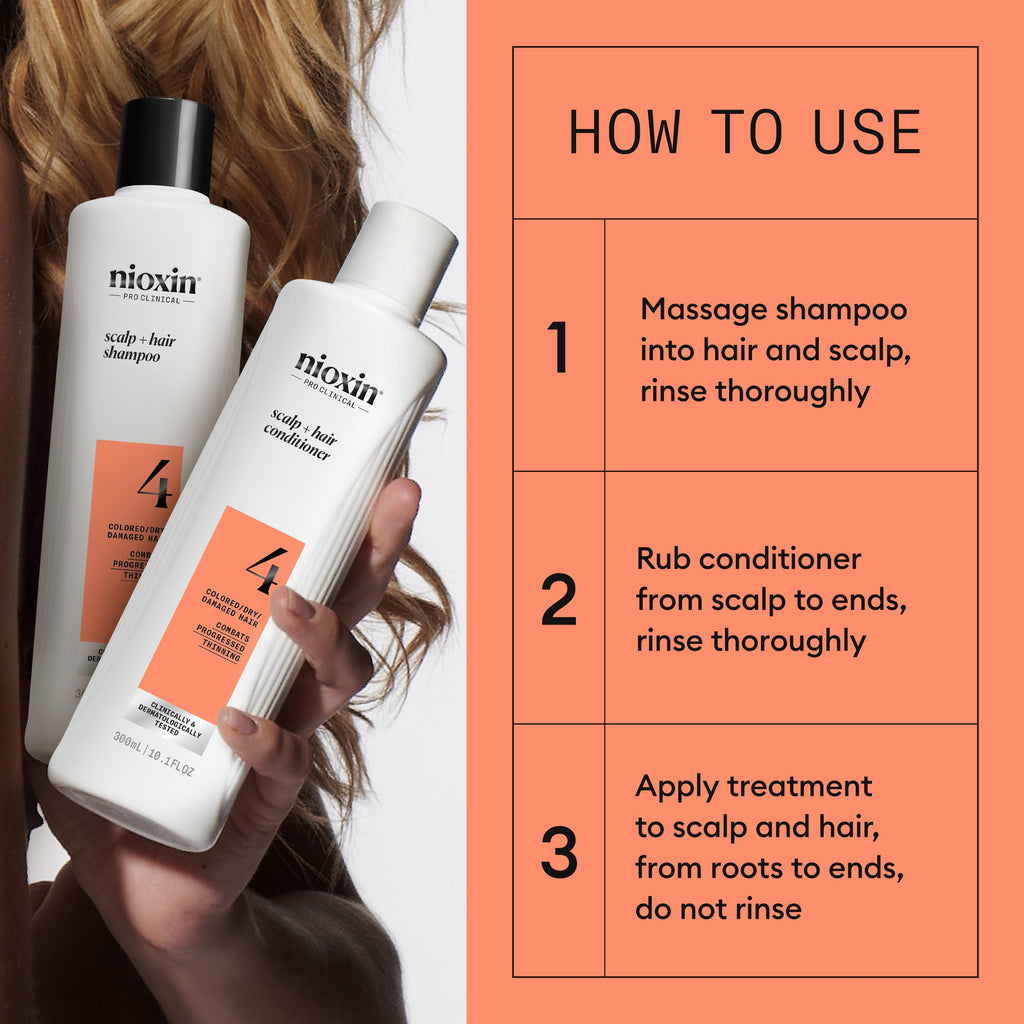Nioxin Scalp + Hair Thickening System 4 Loyalty Kit - Coloured, Dry & Damaged Hair - Shampoo 300ml, Conditioner 300ml, Treatment 100ml - Damaged Box