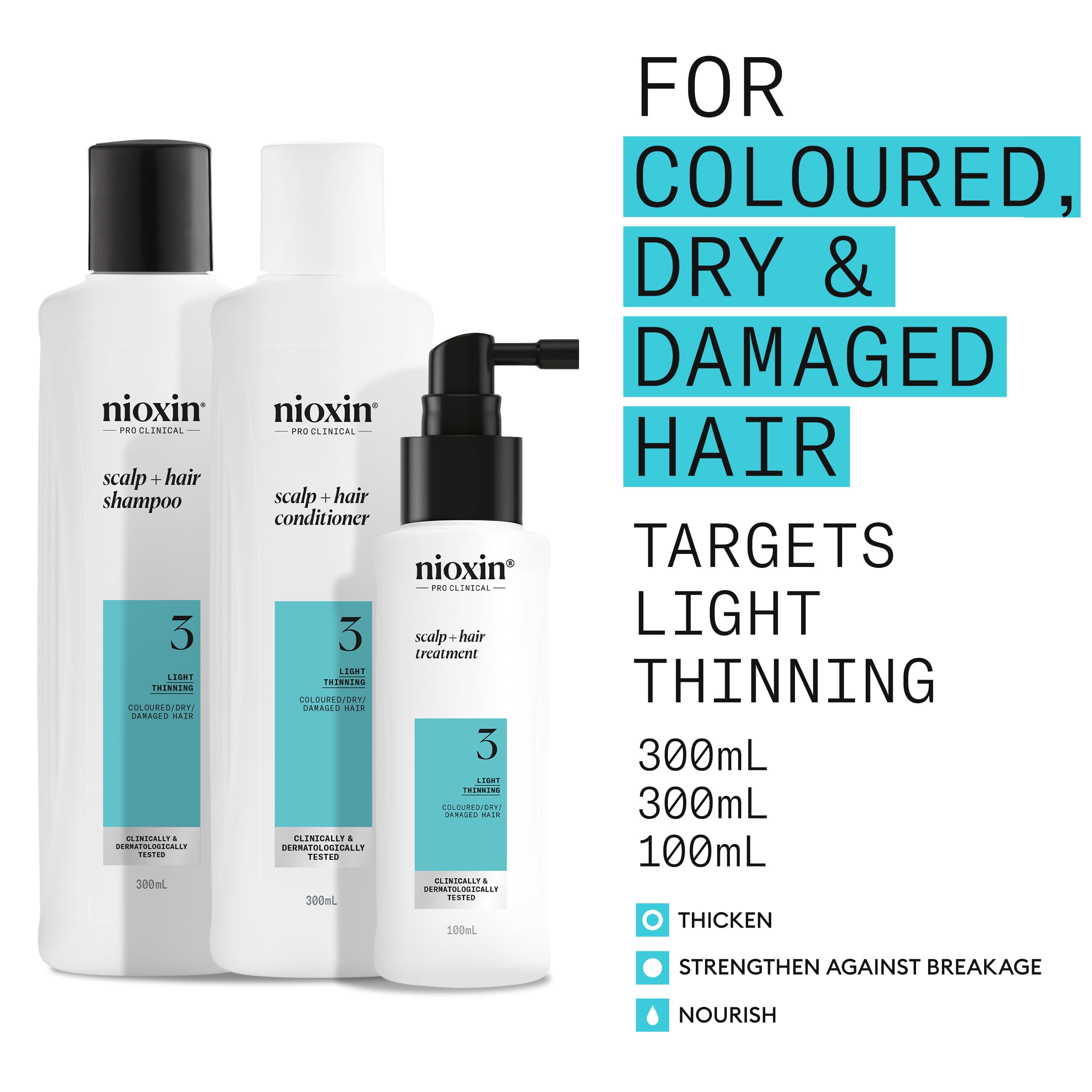 Nioxin Scalp + Hair Thickening System 3 Loyalty Kit - Hair Thickening System for Coloured, Dry and Damaged Hair with Light Thinning - Shampoo, Conditioner and Scalp Treatment, 300+300+100ml - Damaged Box