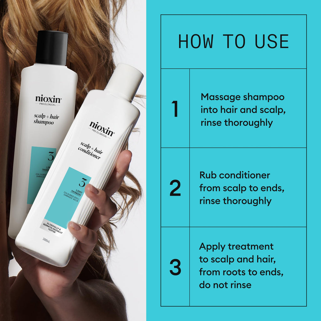 Nioxin Scalp + Hair Thickening System 3 Loyalty Kit - Hair Thickening System for Coloured, Dry and Damaged Hair with Light Thinning - Shampoo, Conditioner and Scalp Treatment, 300+300+100ml - Damaged Box