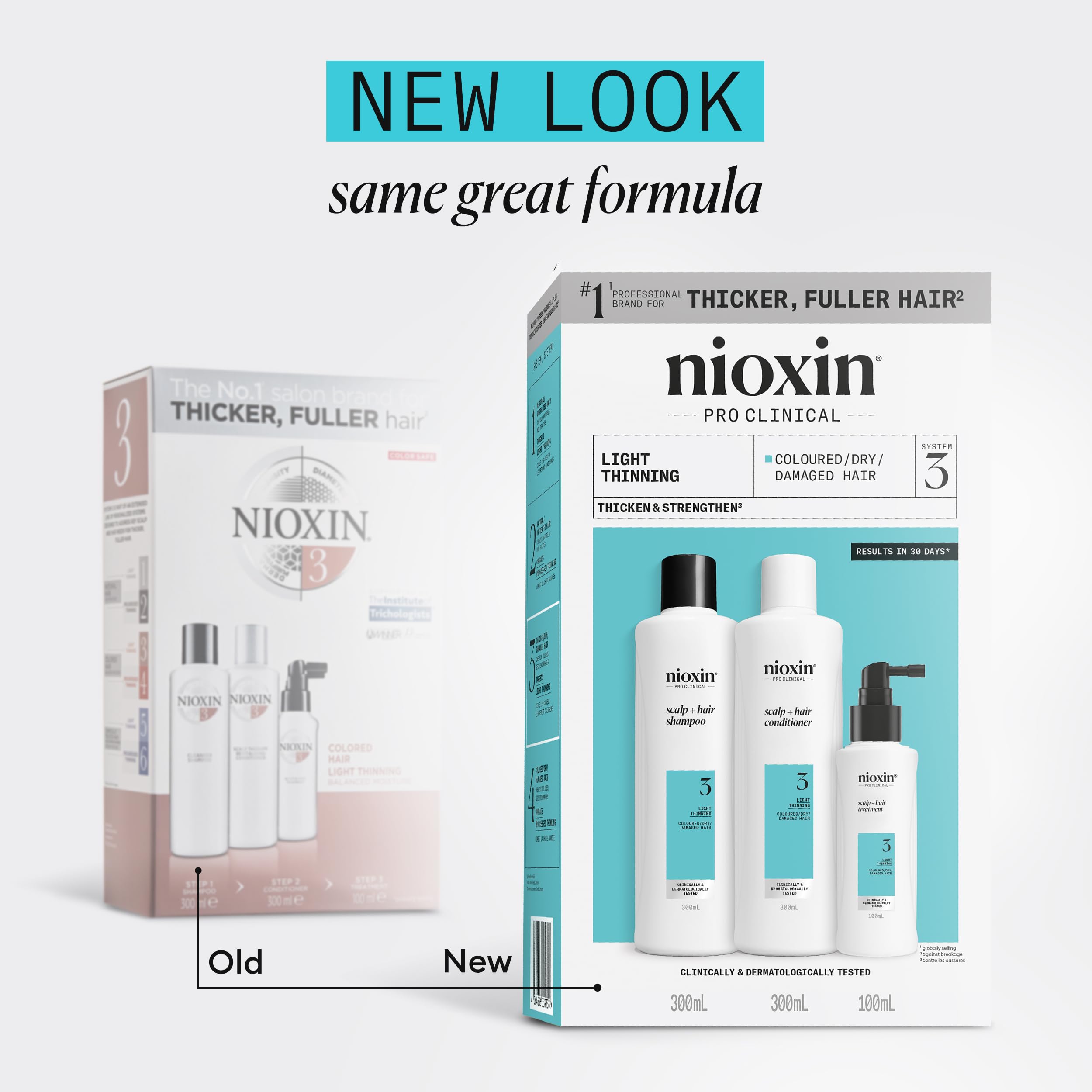 Nioxin Scalp + Hair Thickening System 3 Loyalty Kit - Hair Thickening System for Coloured, Dry and Damaged Hair with Light Thinning - Shampoo, Conditioner and Scalp Treatment, 300+300+100ml - Damaged Box