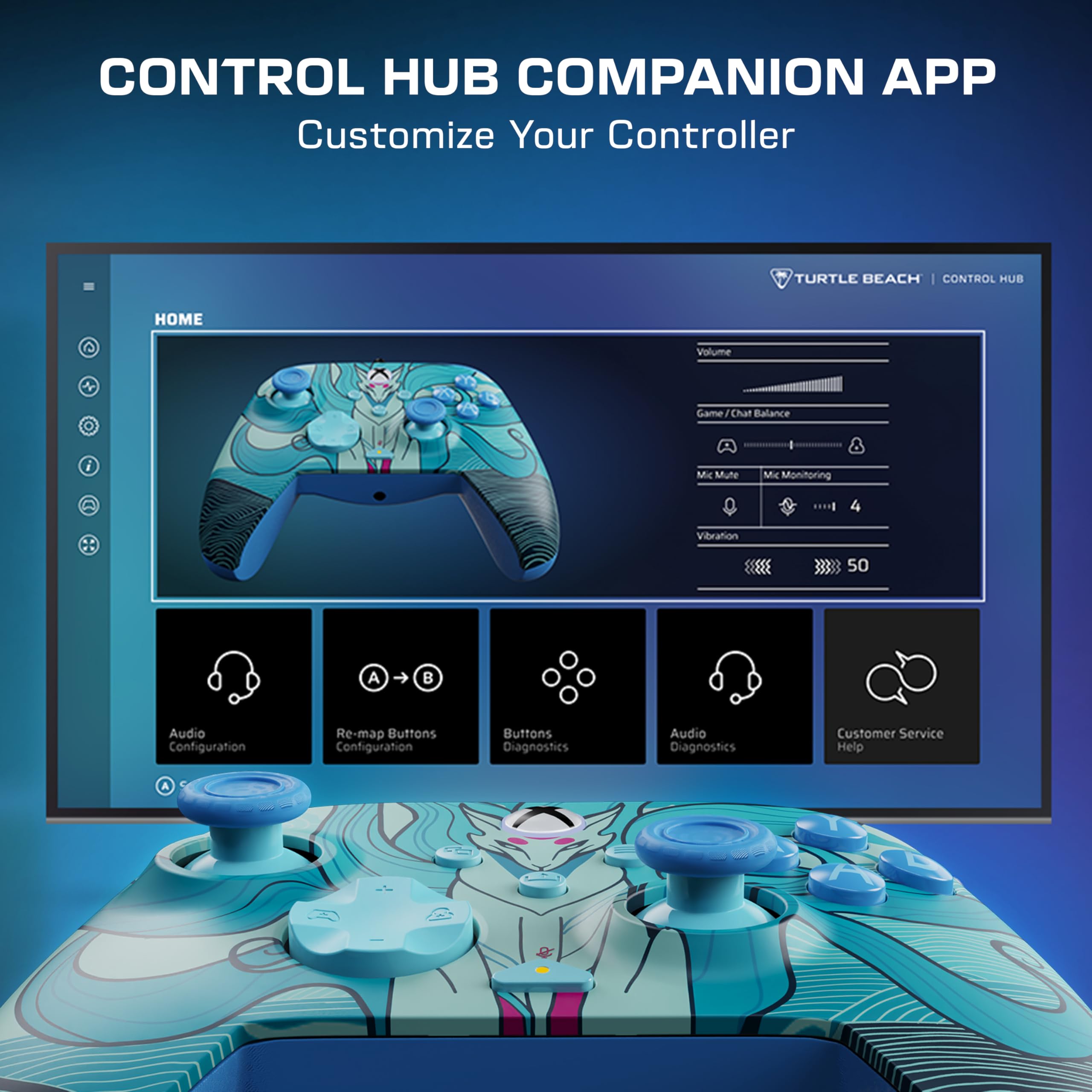 Turtle Beach Rematch Advanced Blue Kitsune Wired Controller for Xbox Series X|S, Xbox One, PC - Hall-Effect Triggers, 8ft Cable