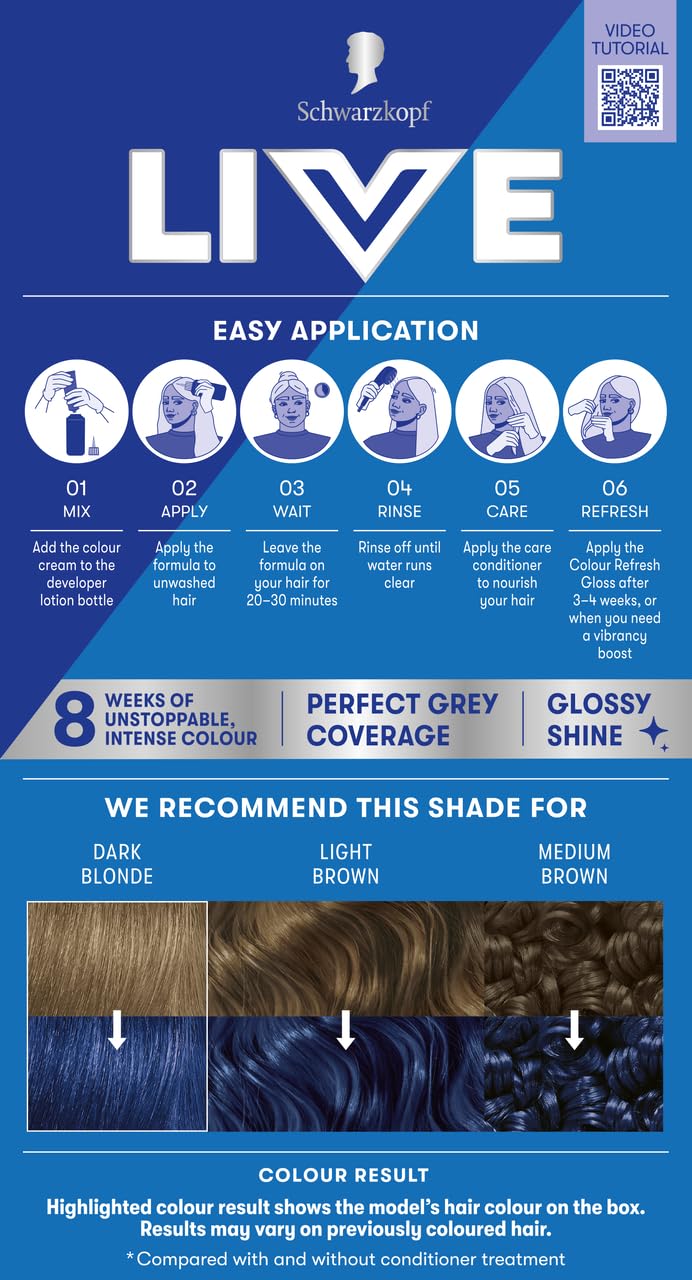 Schwarzkopf LIVE Intense Colour U67 Blue Mercury, Long-lasting Permanent Blue Hair Dye, With Extra Colour Refresh Gloss - Damaged Box