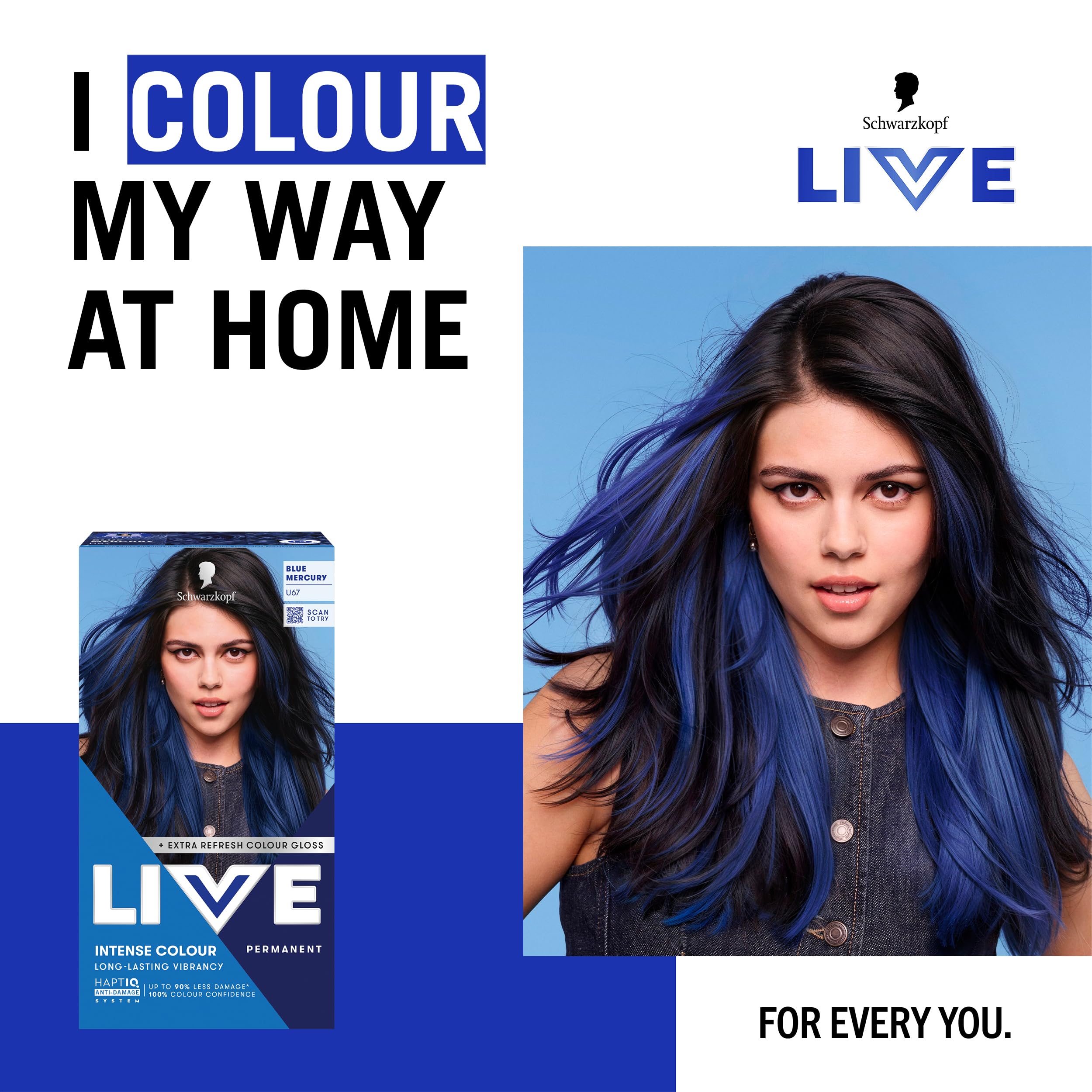 Schwarzkopf LIVE Intense Colour U67 Blue Mercury, Long-lasting Permanent Blue Hair Dye, With Extra Colour Refresh Gloss - Damaged Box