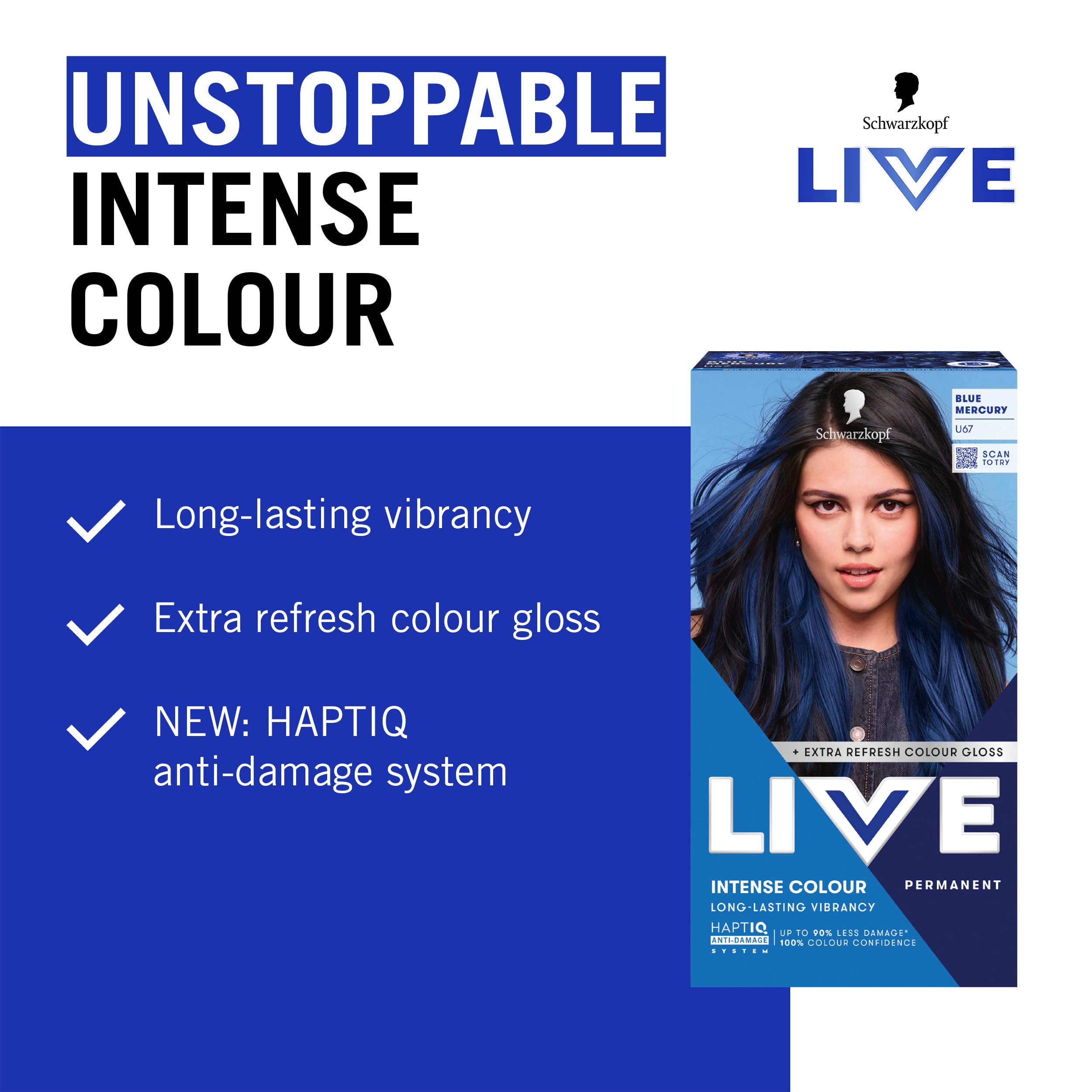 Schwarzkopf LIVE Intense Colour U67 Blue Mercury, Long-lasting Permanent Blue Hair Dye, With Extra Colour Refresh Gloss - Damaged Box