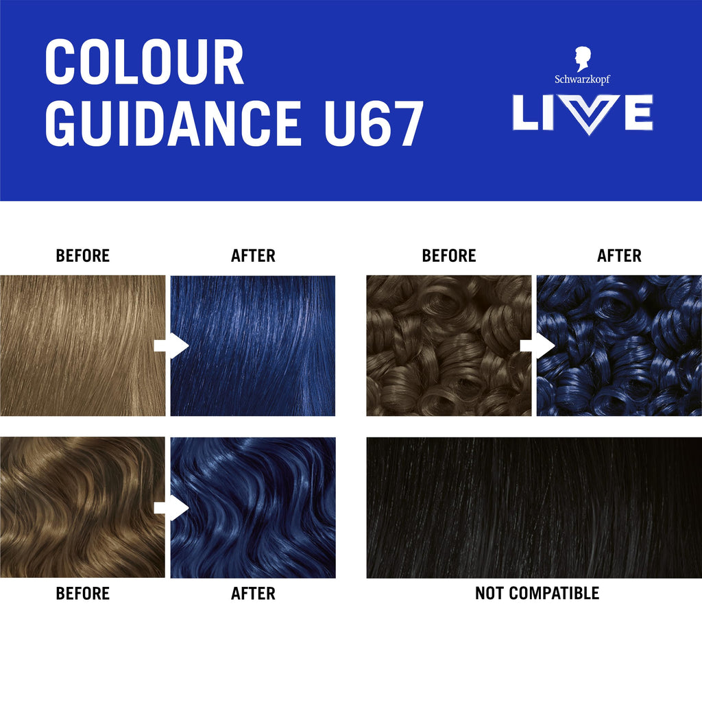 Schwarzkopf LIVE Intense Colour U67 Blue Mercury, Long-lasting Permanent Blue Hair Dye, With Extra Colour Refresh Gloss - Damaged Box