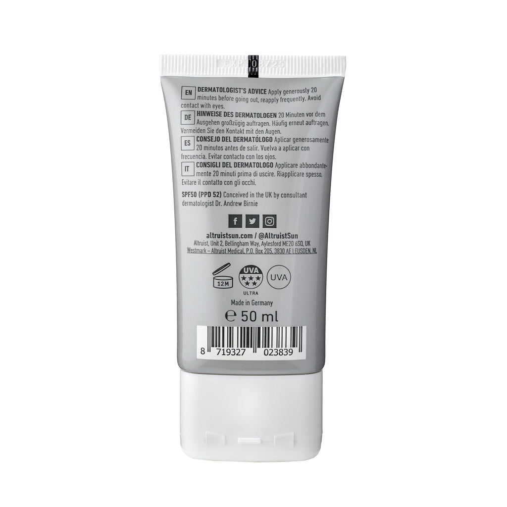 Altruist Dermatologist Sunscreen Fluid SPF - Superior 5star UVA face protection by Dr Andrew Birnie premium antioxidant, White, Unscented, 50 millilitre - Damaged Box