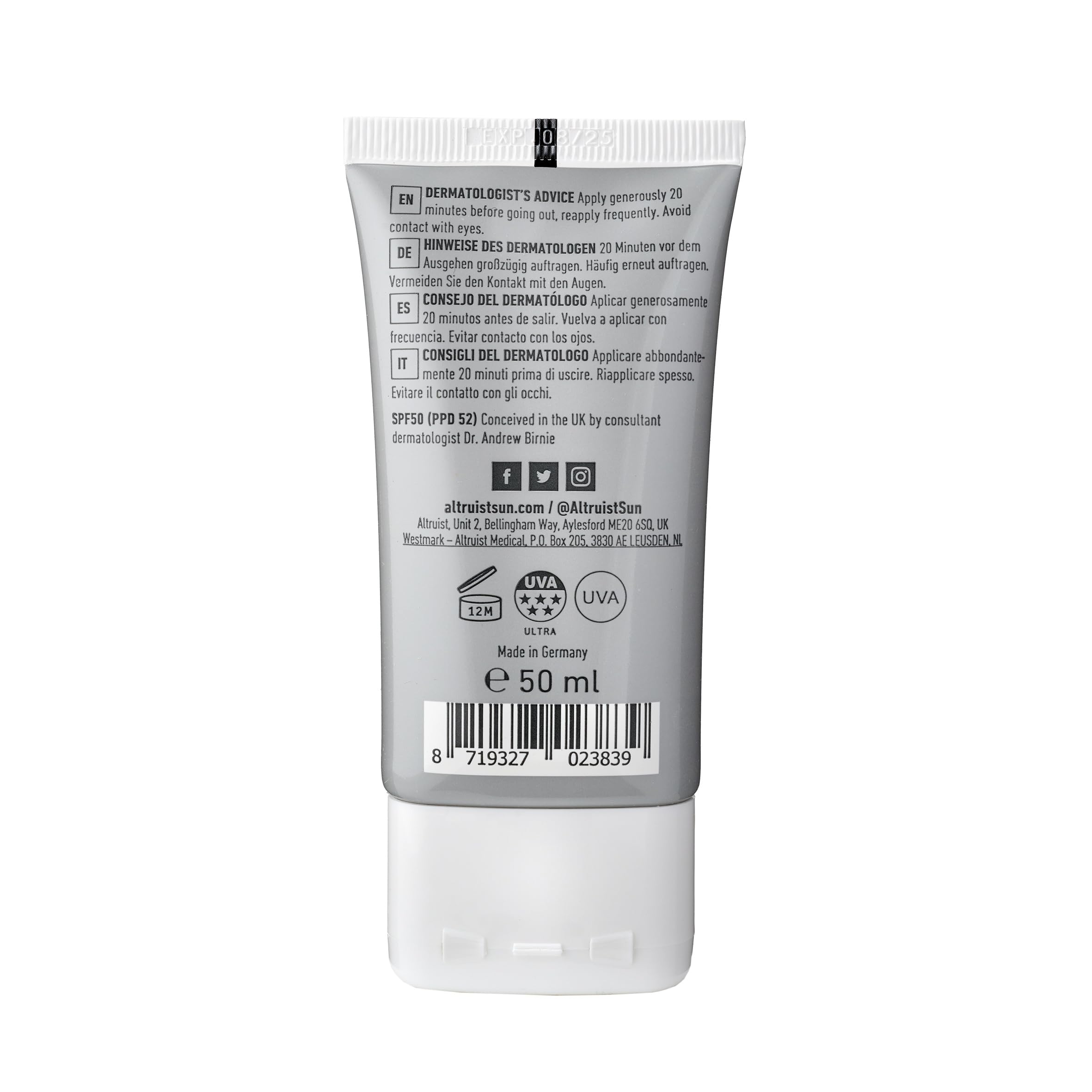 Altruist Dermatologist Sunscreen Fluid SPF - Superior 5star UVA face protection by Dr Andrew Birnie premium antioxidant, White, Unscented, 50 millilitre - Damaged Box