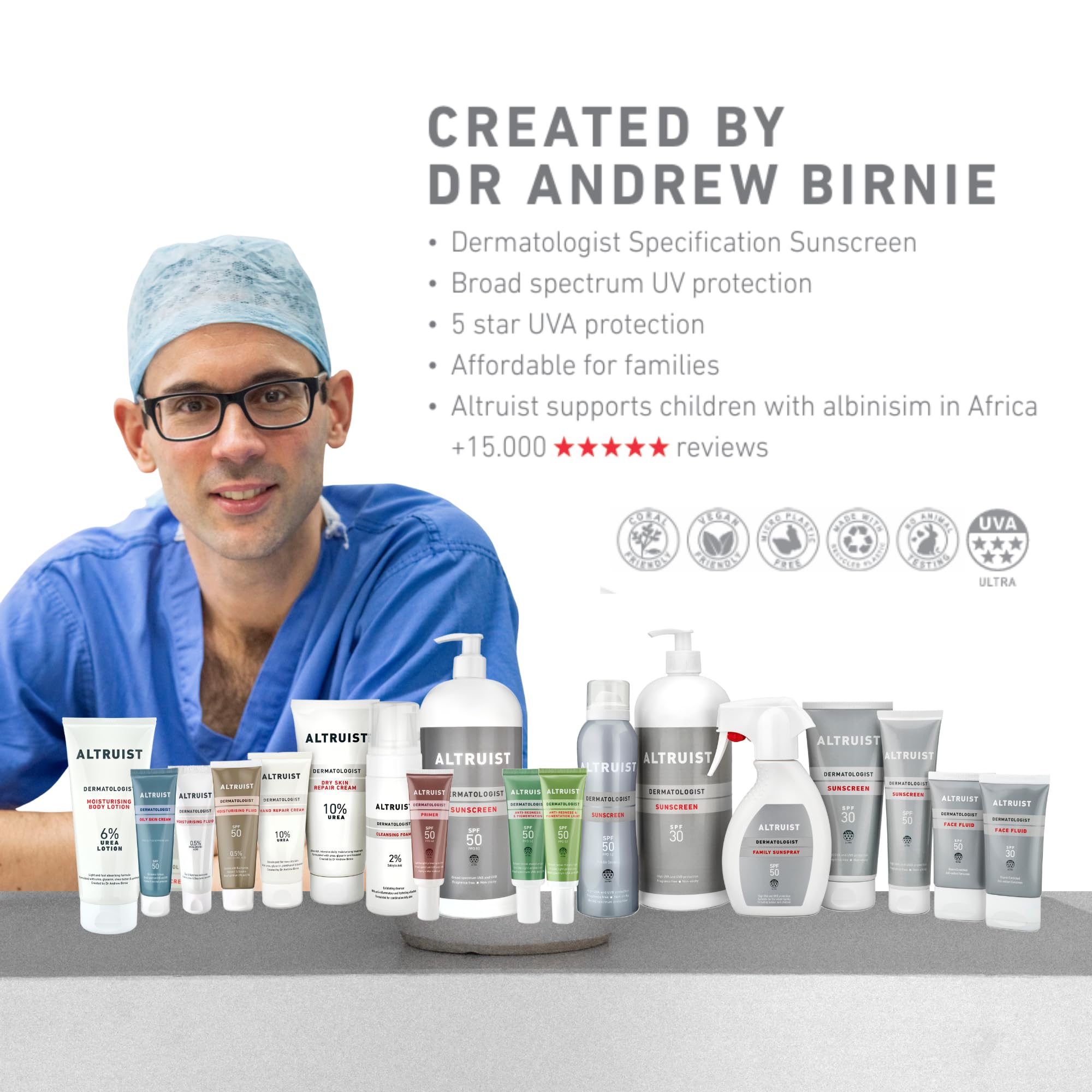 Altruist Dermatologist Sunscreen Fluid SPF - Superior 5star UVA face protection by Dr Andrew Birnie premium antioxidant, White, Unscented, 50 millilitre - Damaged Box