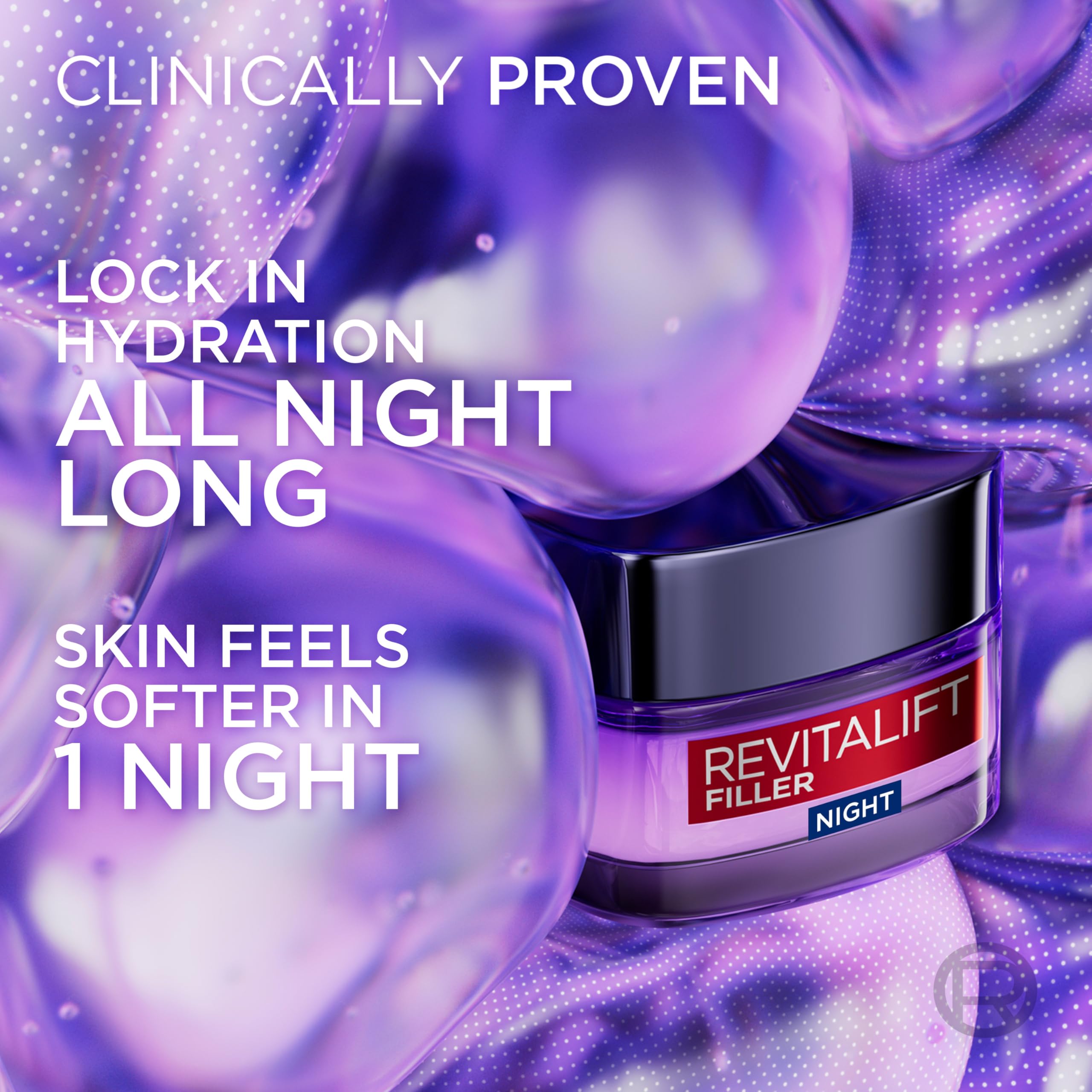 L'Or'eal Paris Night Cream, Revitalift Filler Replumping Anti-Ageing Hyaluronic Acid Night Cream, Smooth Wrinkles, Moisturise, and Replumps Skin with Micro and Micro-Epidermic Hyaluronic Acid, 50ml - Damaged Box